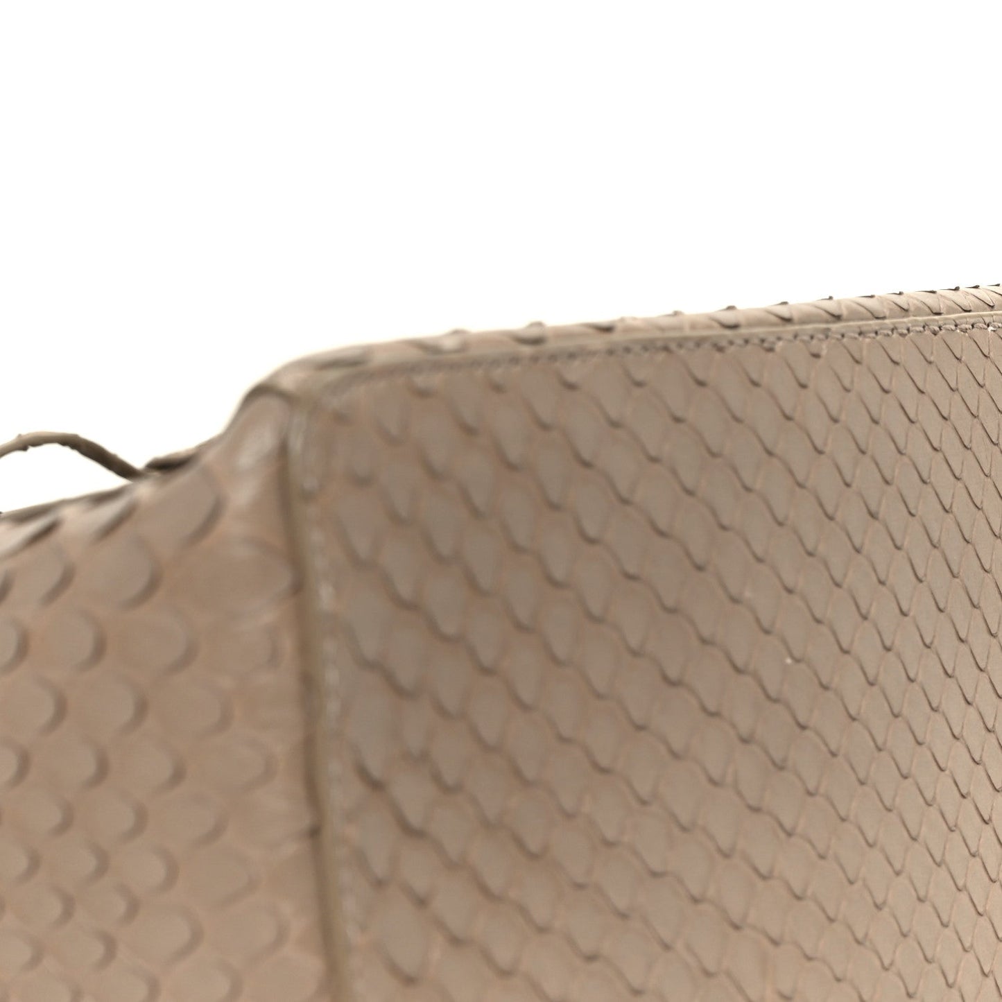 Matte snakeskin handbag close-up of textured top edge and seam detail