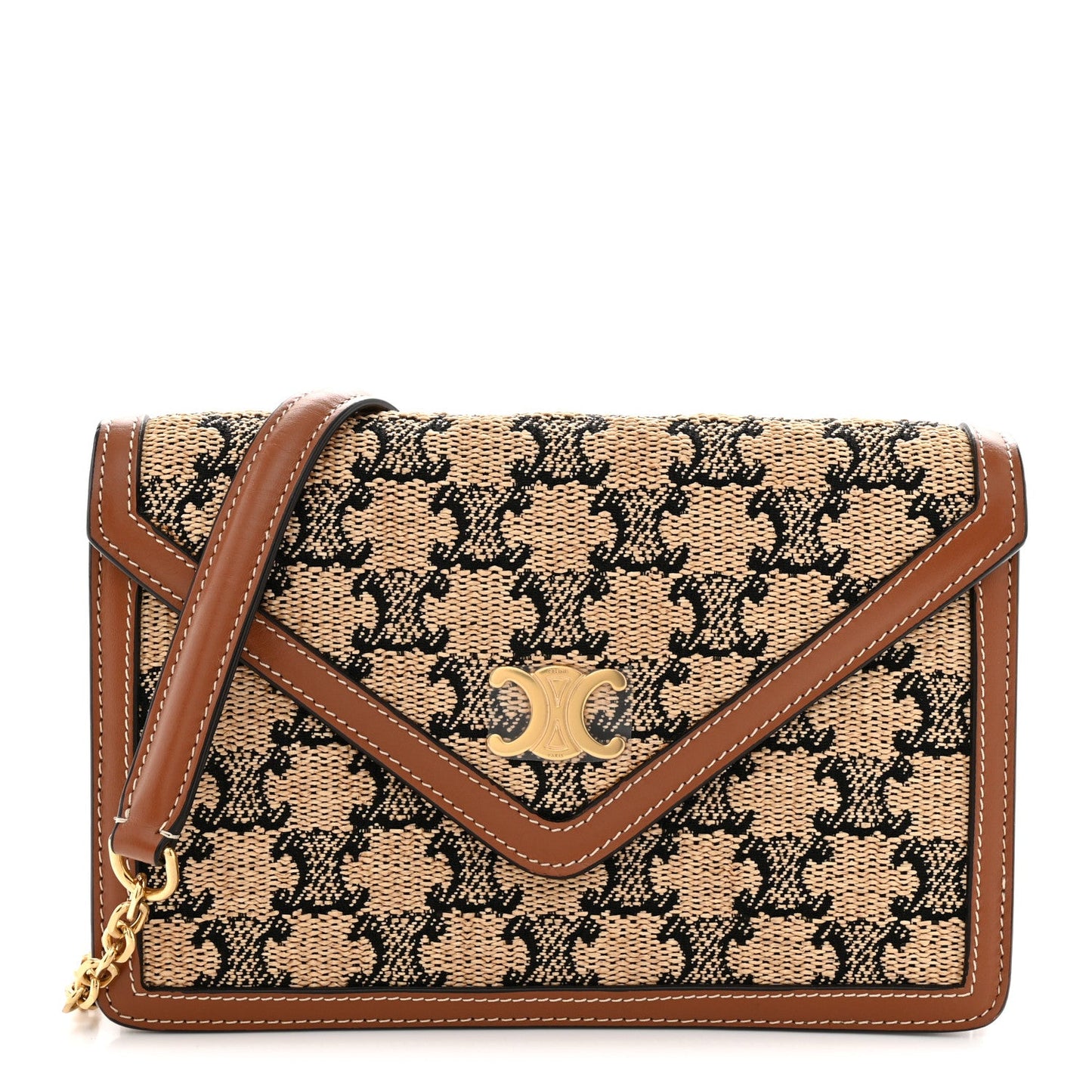 Tan and black jacquard Triomphe wallet on chain with brown leather edges