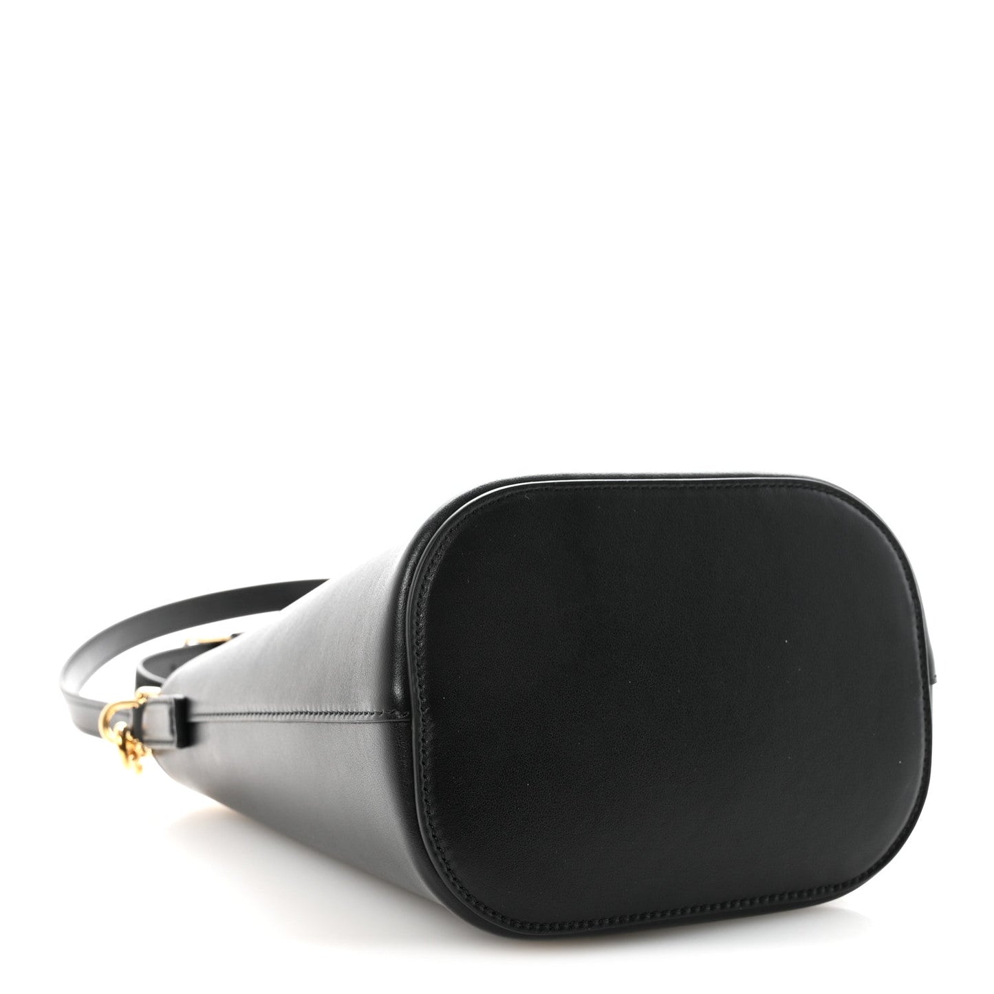 Small black Celine bucket bag, rounded silhouette, smooth leather with shoulder strap