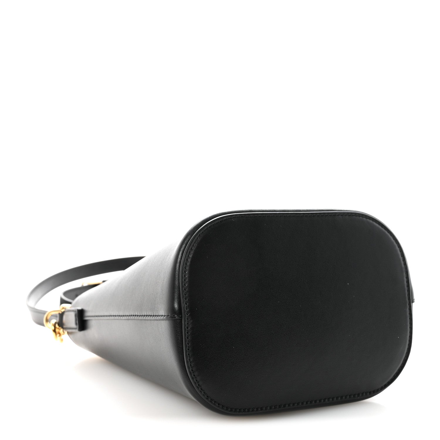 Small black Celine bucket bag, rounded silhouette, smooth leather with shoulder strap