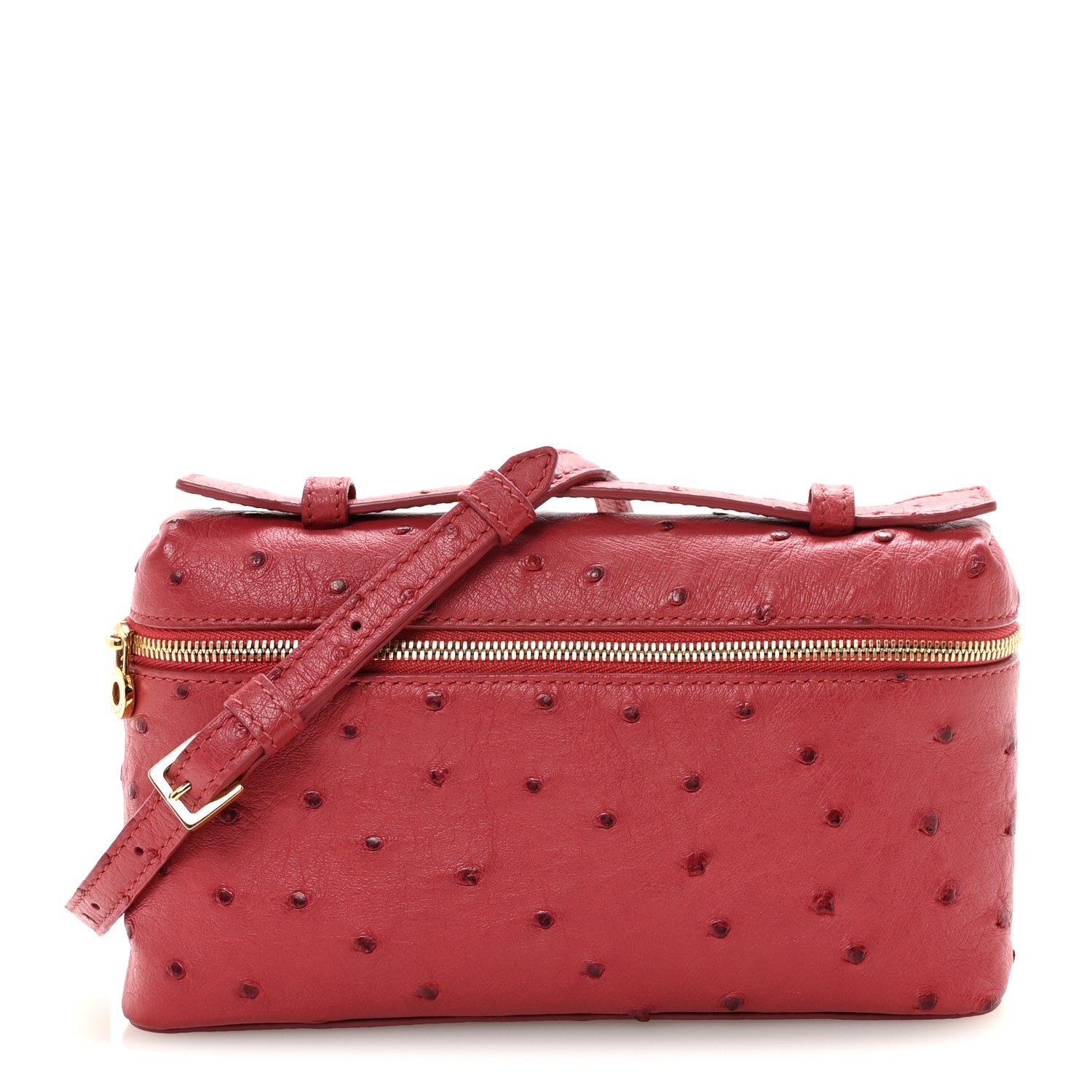 Loro Piana ostrich pouch fuchsia with top zip, ostrich texture, and crossbody strap