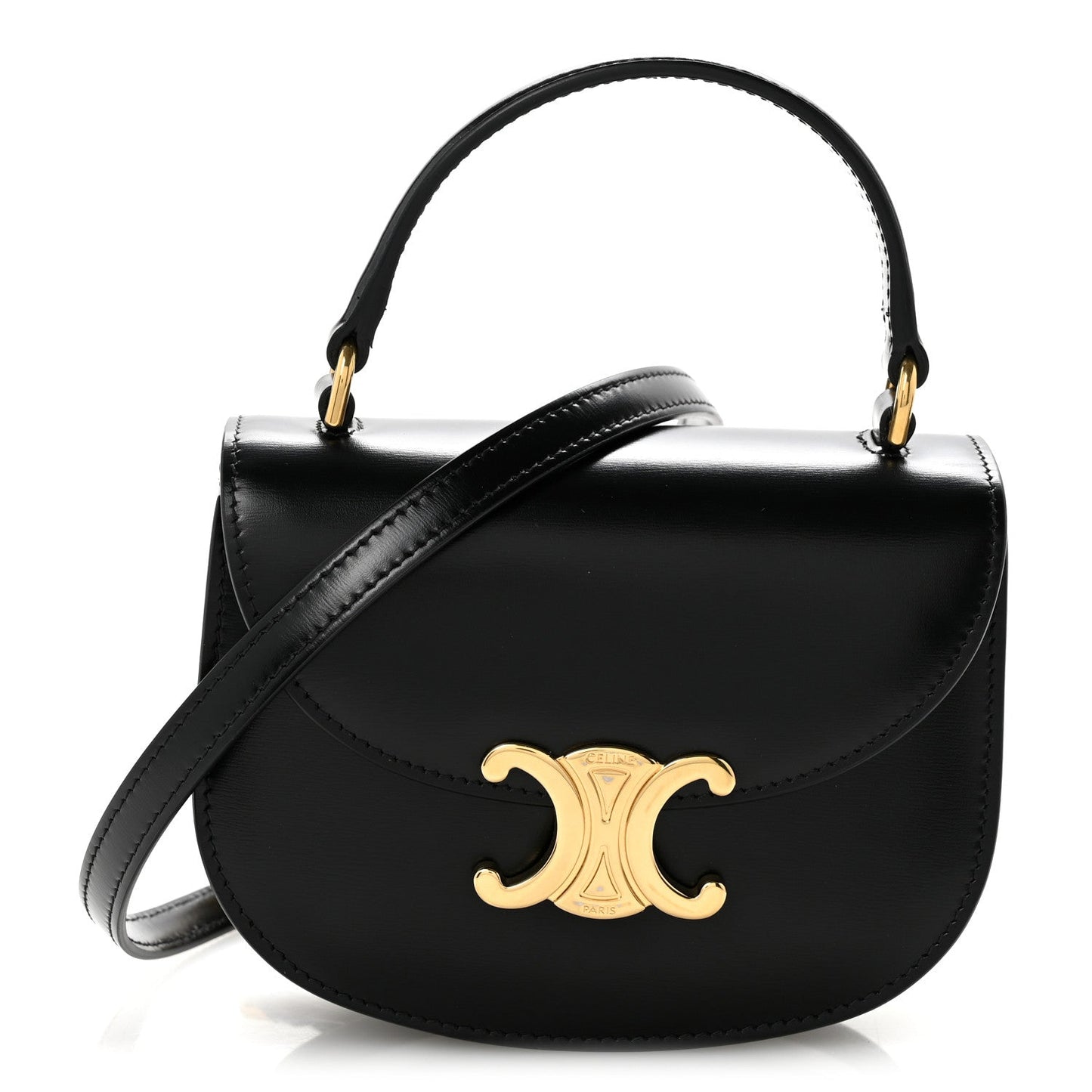 Black shiny mini crossbody bag with top handle and gold-tone clasp and logo
