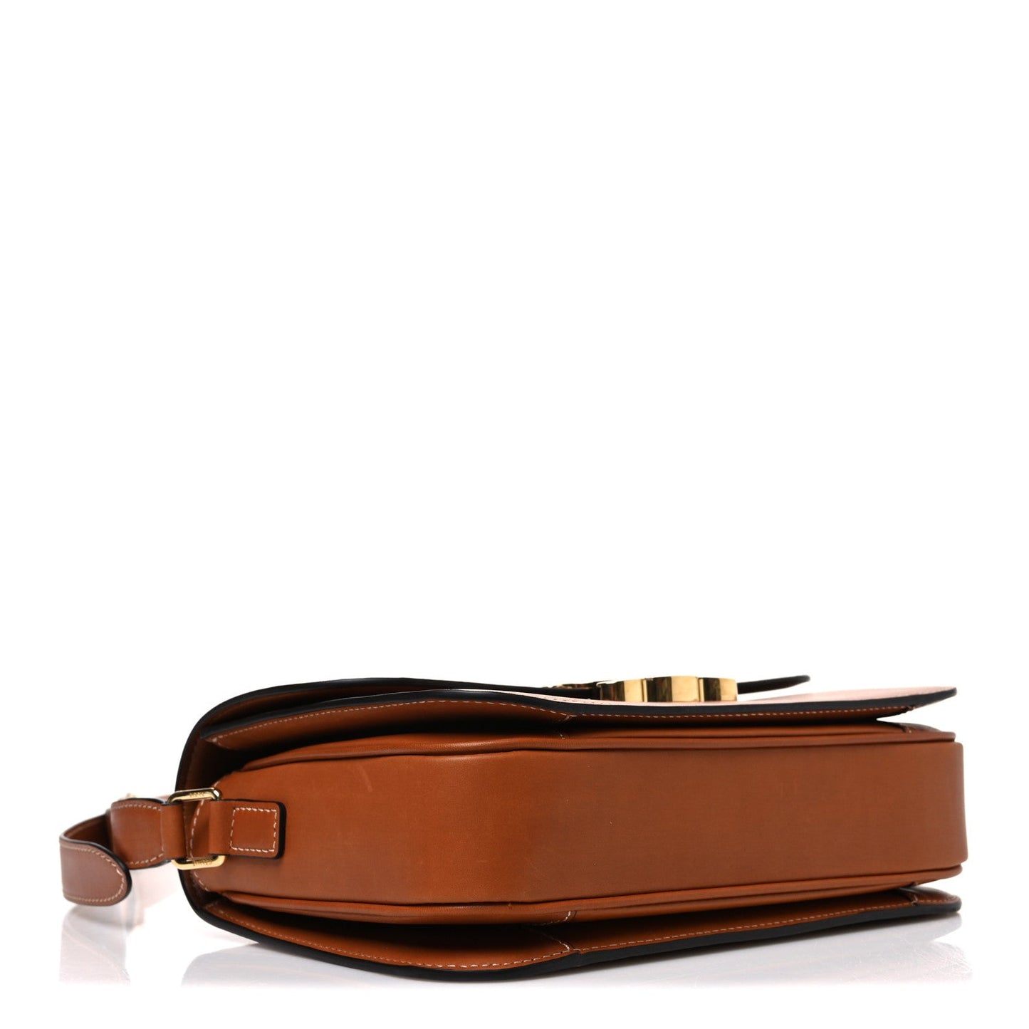 Celine medium shoulder bag in tan natural calfskin with gold-tone hardware and strap.