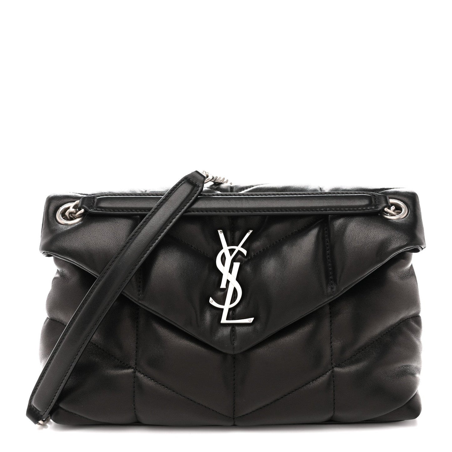 Saint Laurent Lambskin Quilted Small Loulou Puffer Monogram Chain Satchel Black