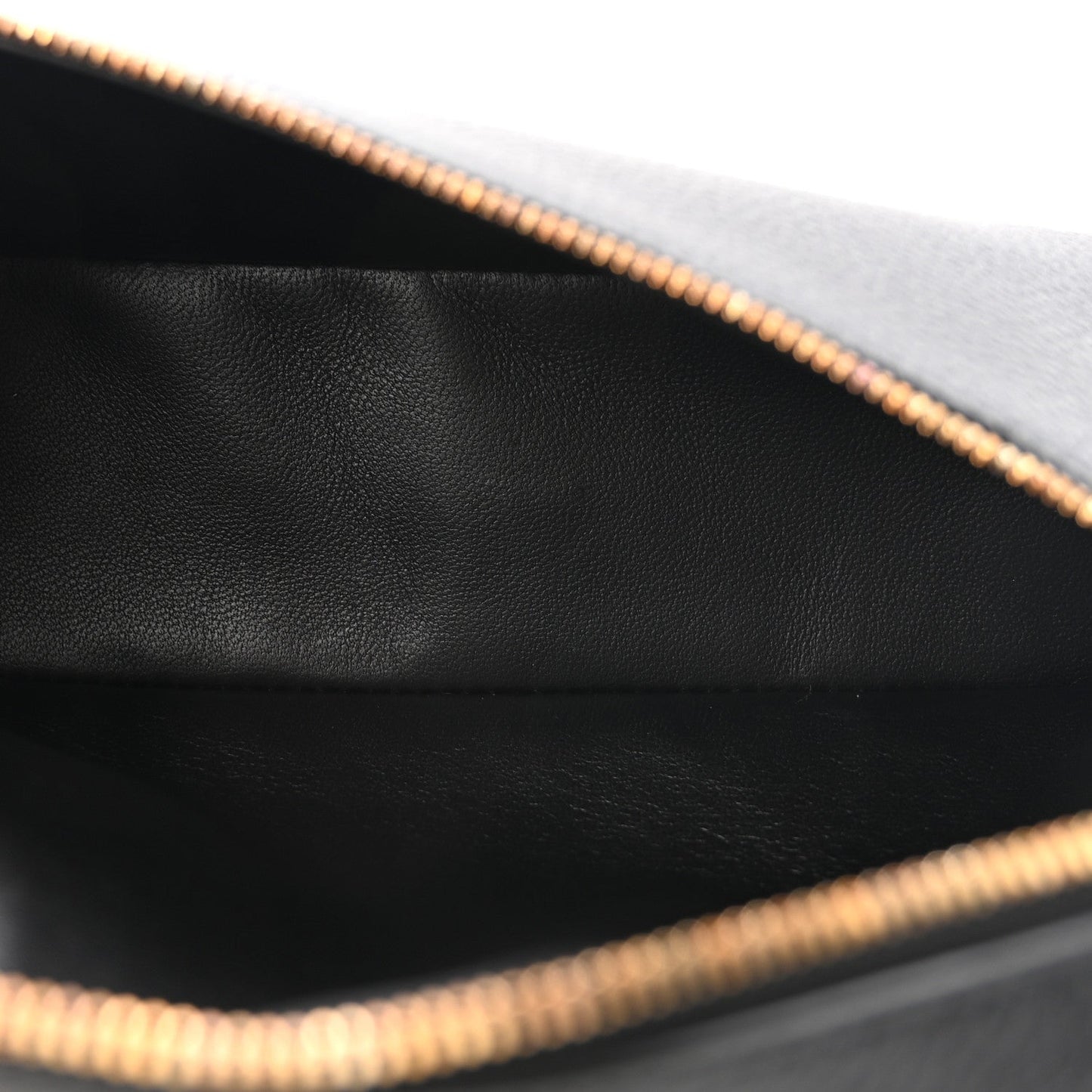 Loro Piana calfskin pouch interior view with gold-tone zipper trim