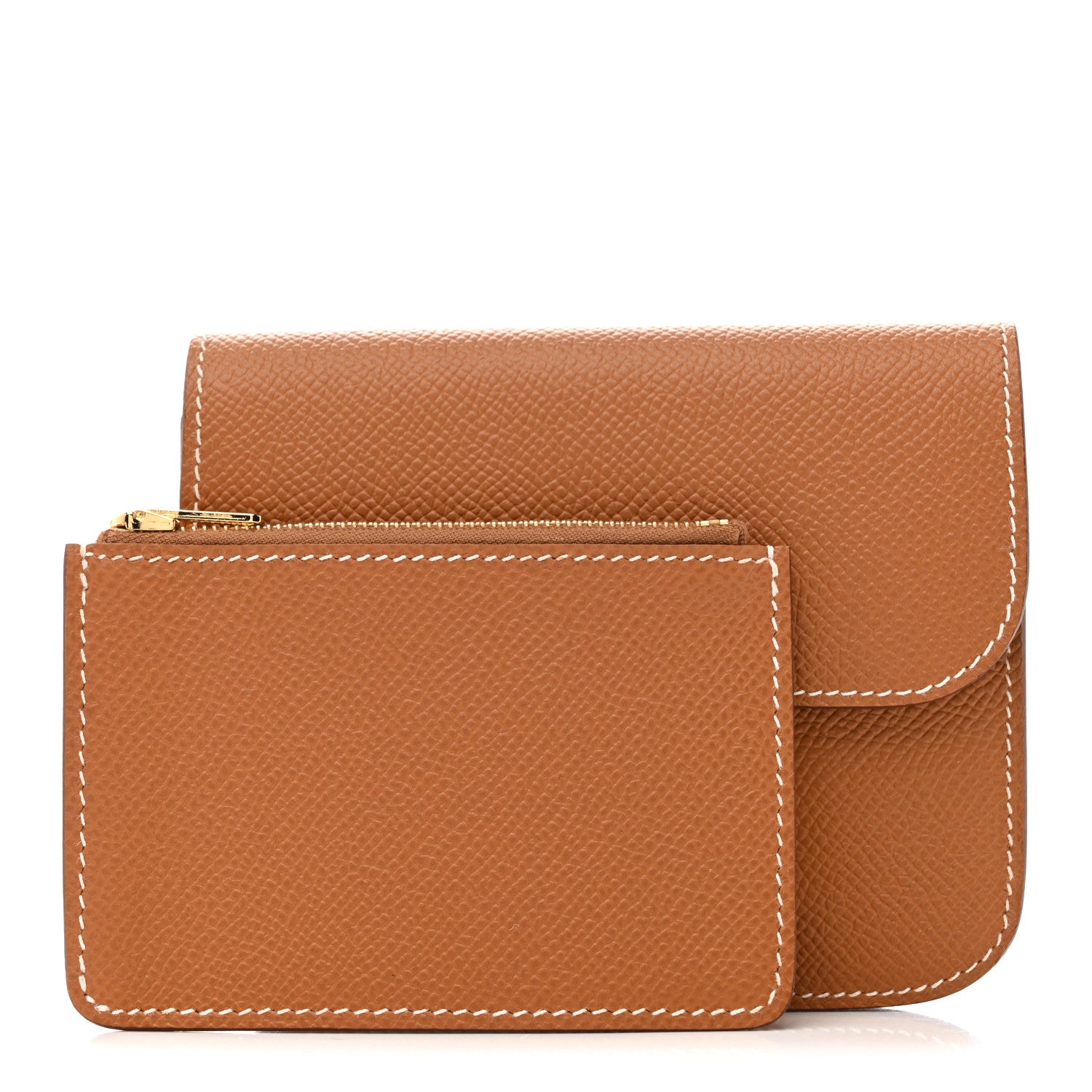 Hermes Constance slim wallet with flap open, showing front panel in textured brown leather