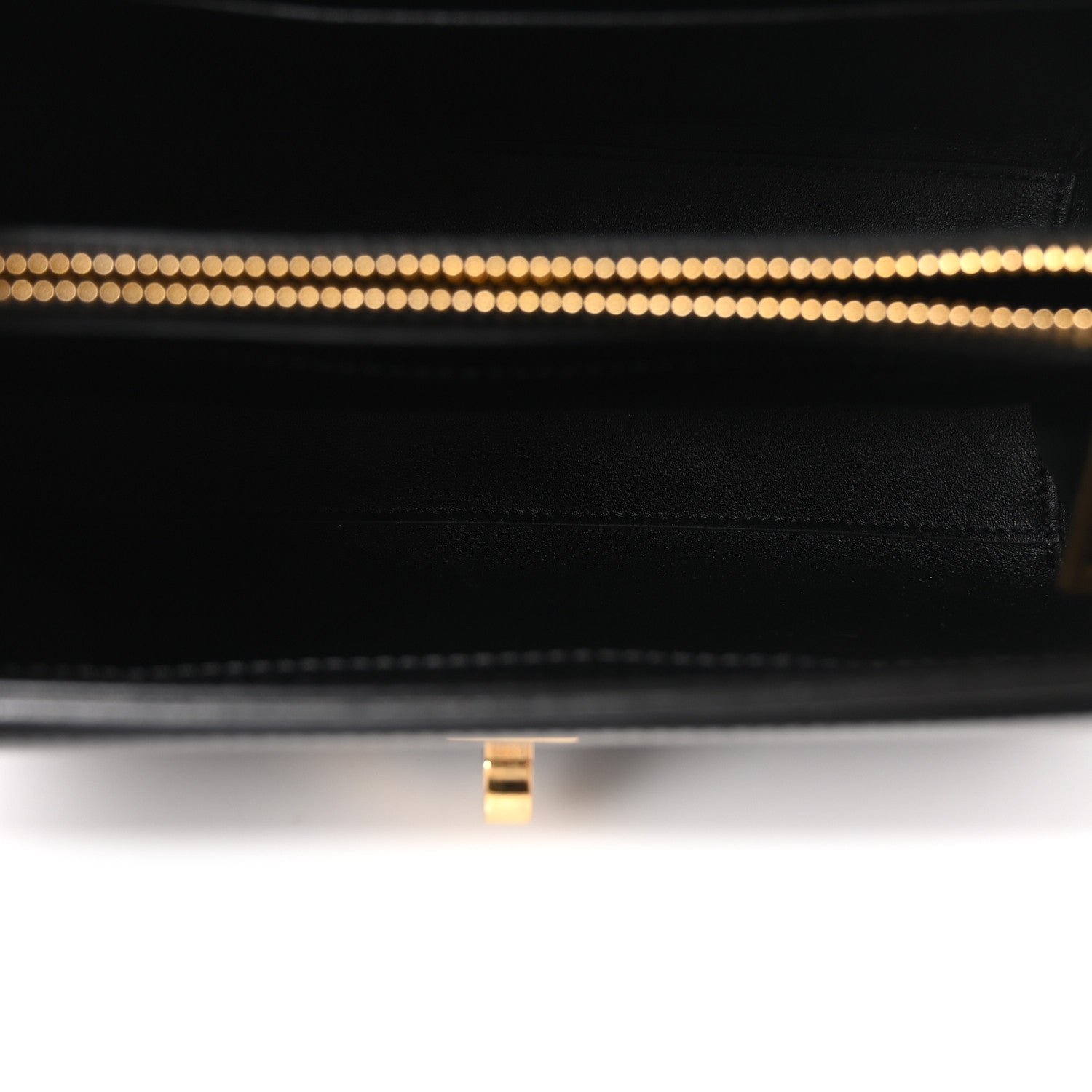 Celine mini bag interior with beaded zipper trim and black leather lining
