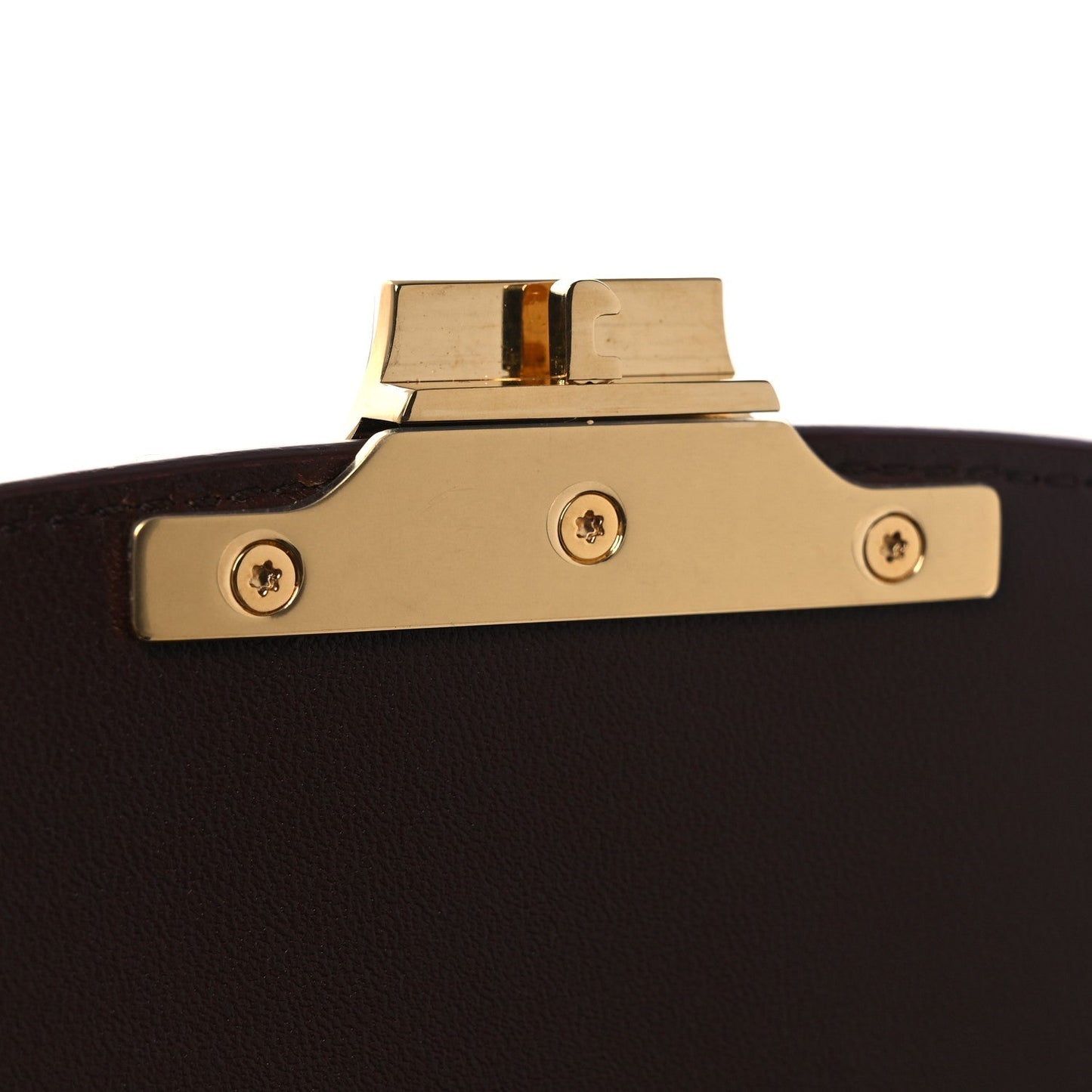 Chestnut leather bag front clasp with gold tone snap buttons and hinge