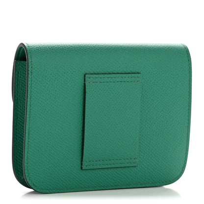 Green slim wallet back with stitched square panel, textured leather