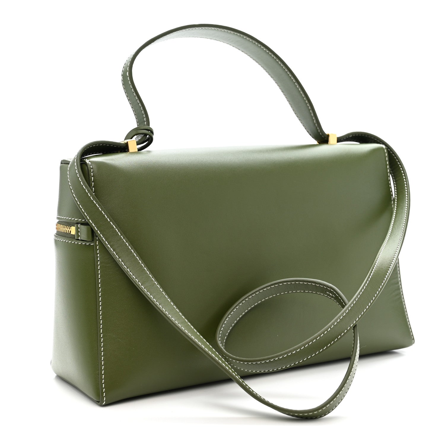 Olive green leather crossbody handbag with top handle, long strap, and front stitch panel