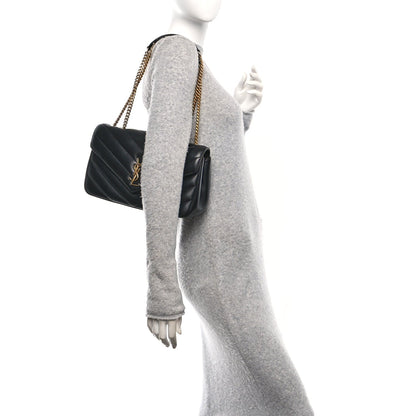 Saint Laurent Lambskin Chevron Quilted Medium Loulou Shoulder Bag Black