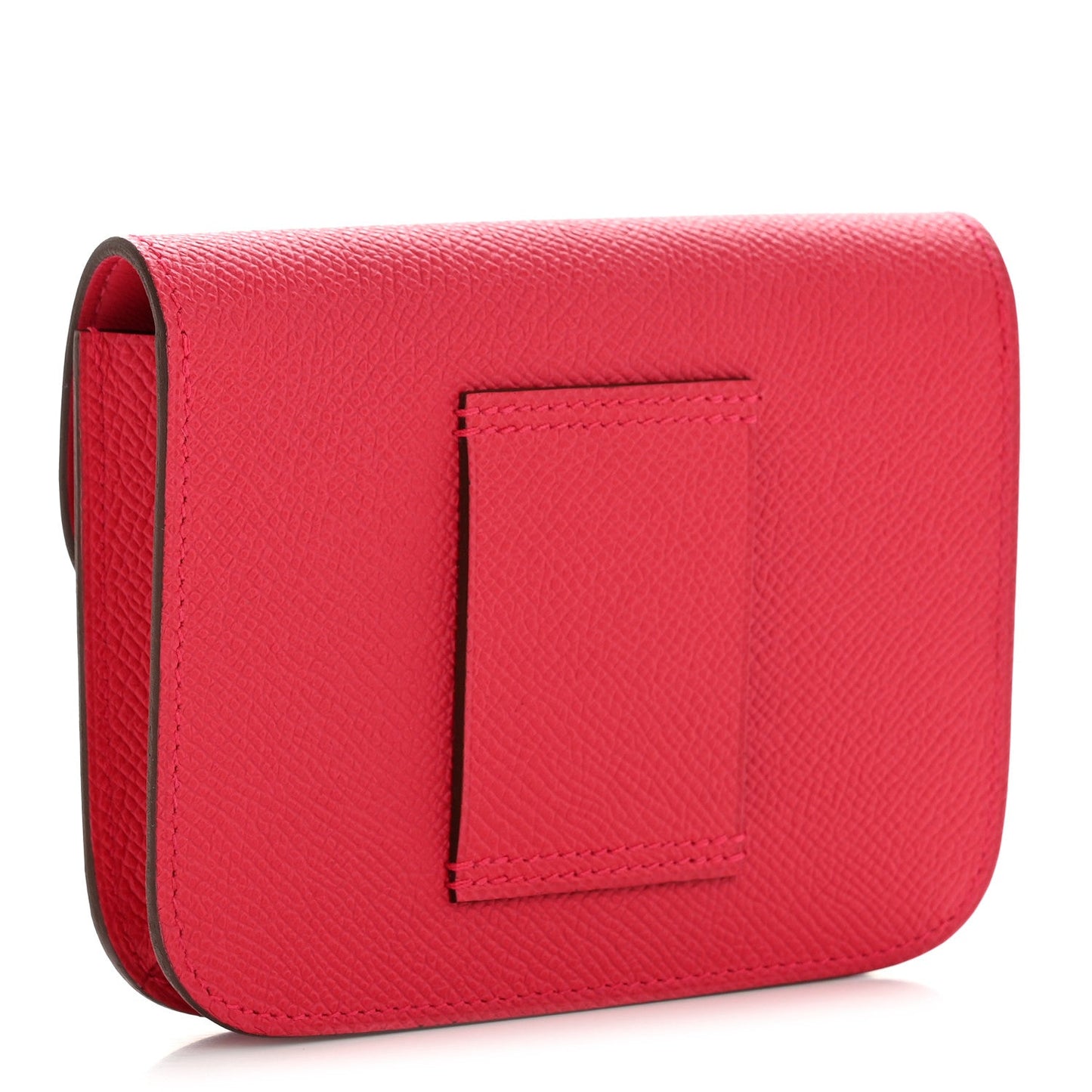 Hermes slim wallet in rose red textured leather, back panel view