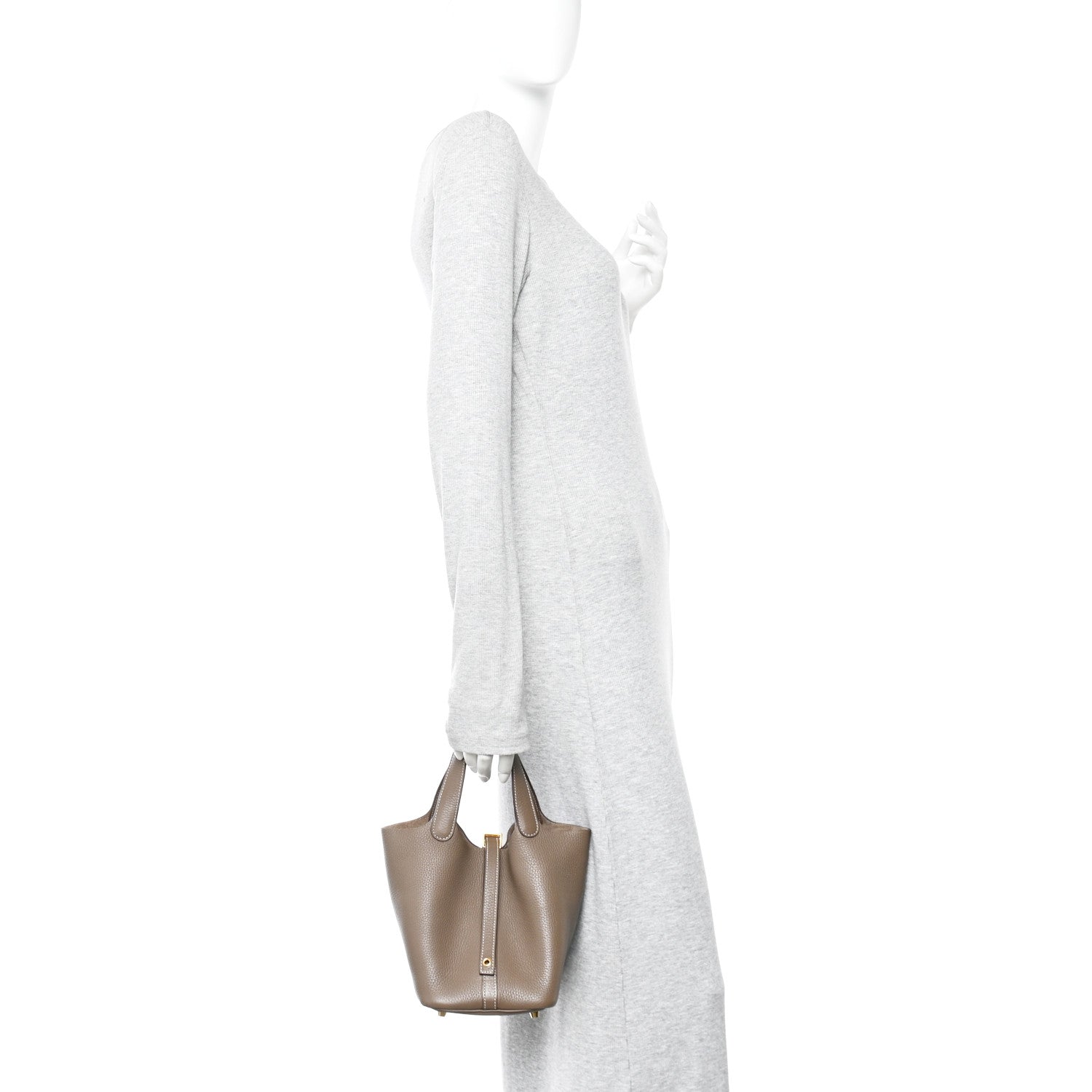 Calfskin Leather Picotin Lock 18 PM Etoupe Bucket Bag