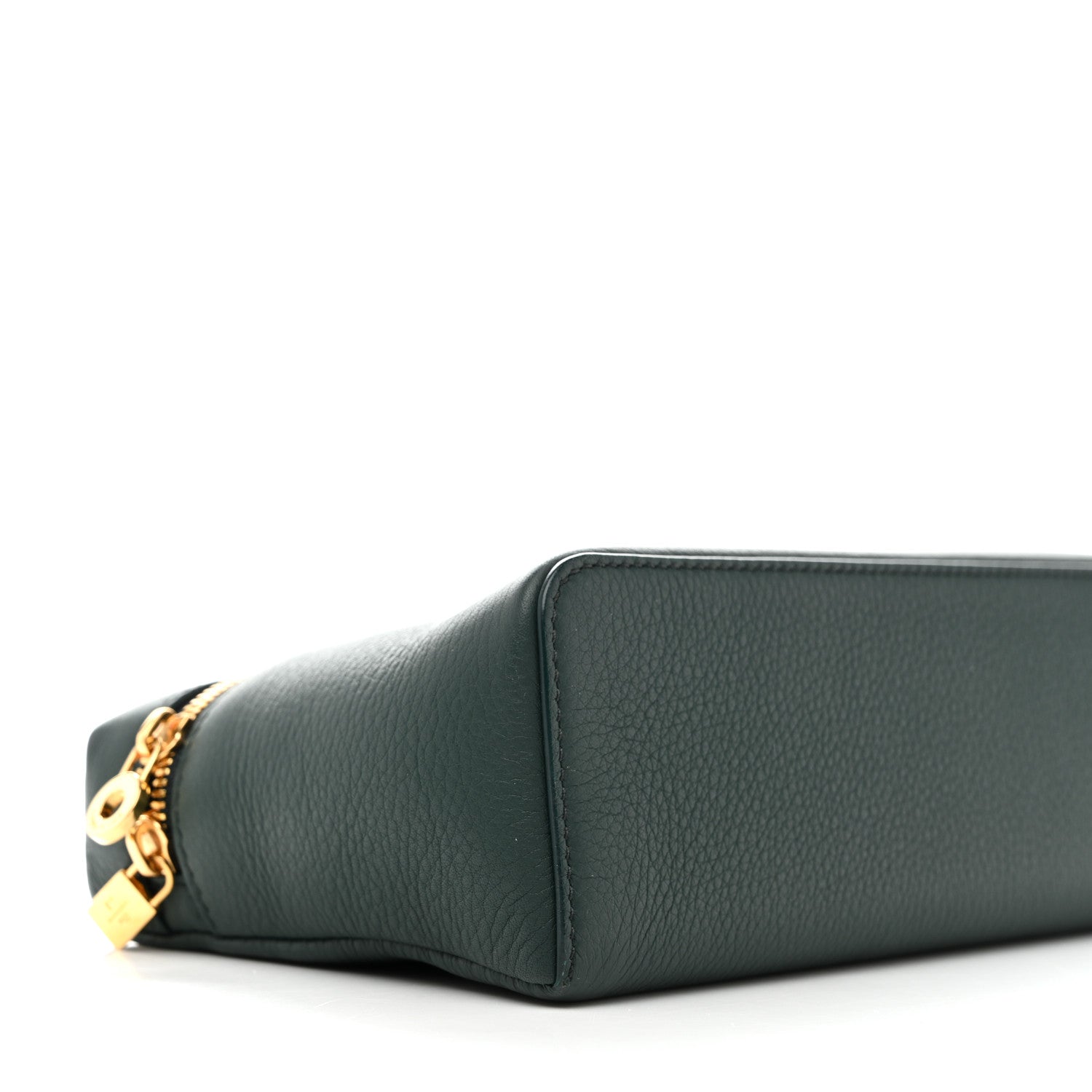 Dark green grained leather pouch with front corner seam and gold zipper pull detail.