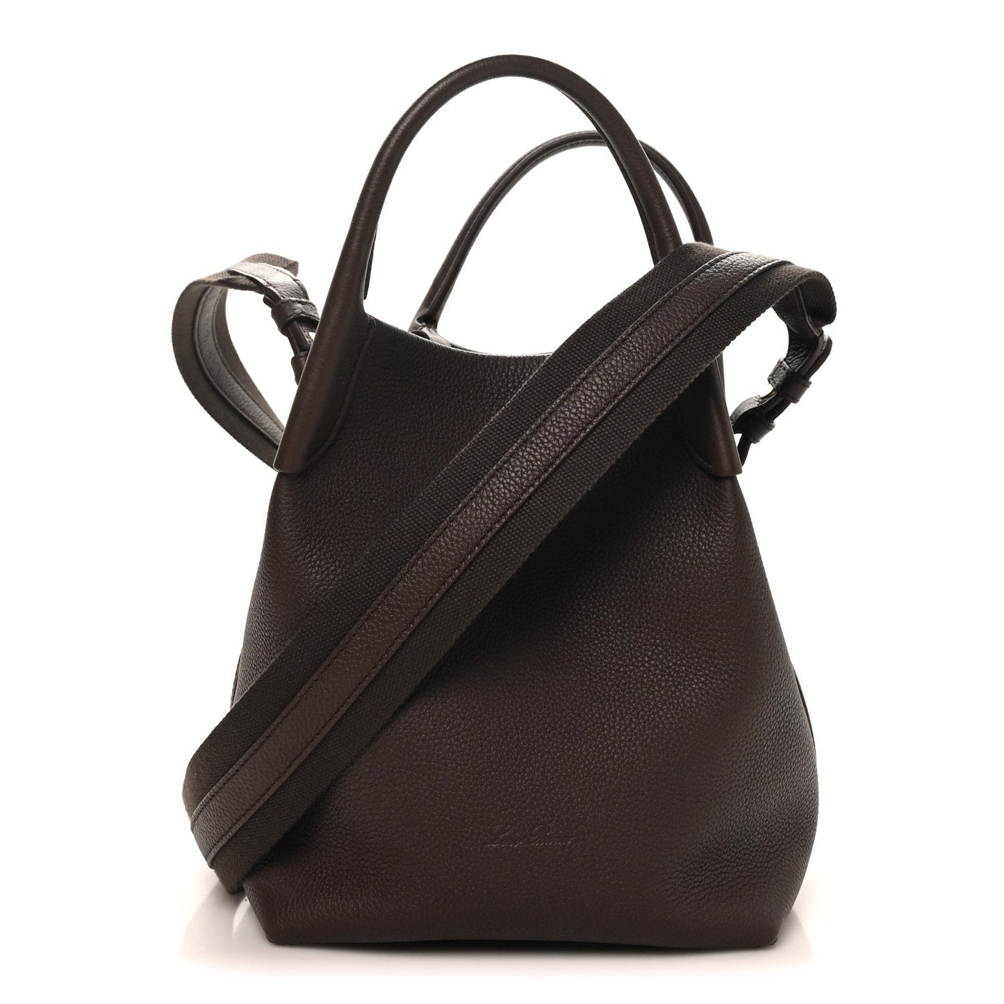 Dark brown grained calfskin small bale bag with top handles and shoulder strap