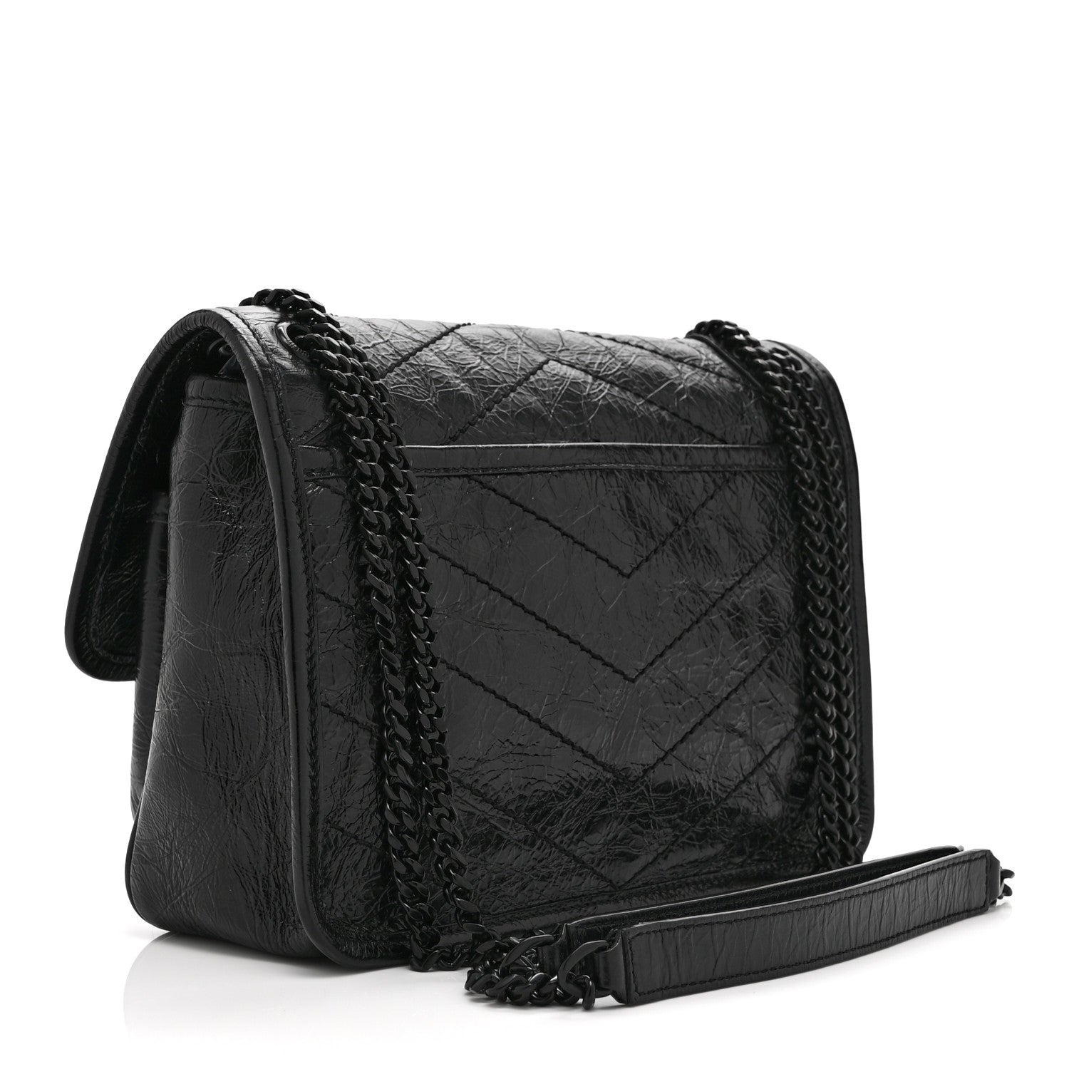 Saint Laurent Crinkled Calfskin Matelasse Monogram Baby Niki Chain Satchel Black