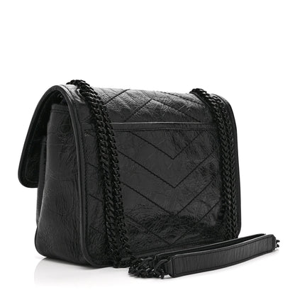 Saint Laurent Crinkled Calfskin Matelasse Monogram Baby Niki Chain Satchel Black