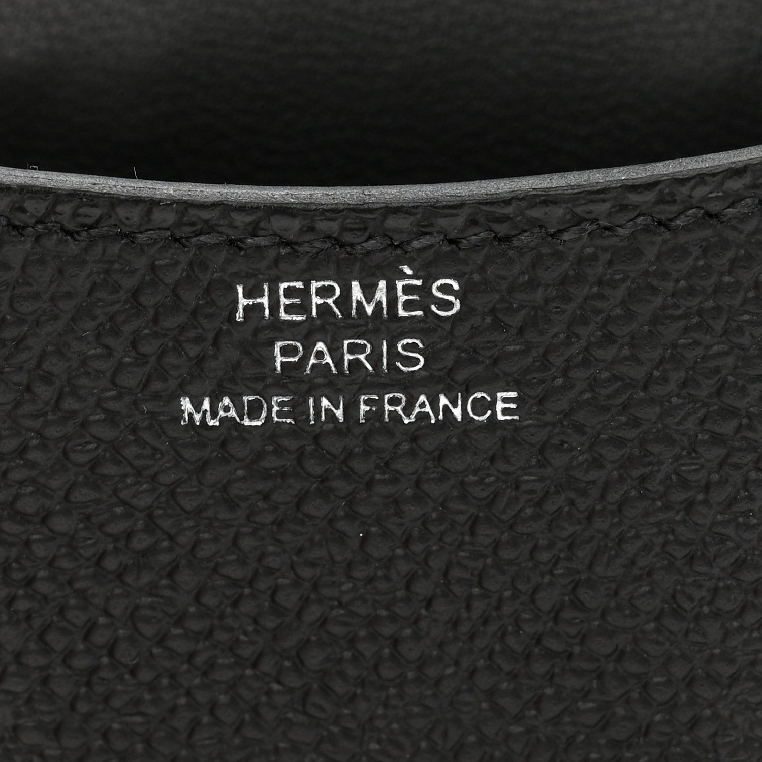 Leather lining label with HERMES PARIS MADE IN FRANCE text.