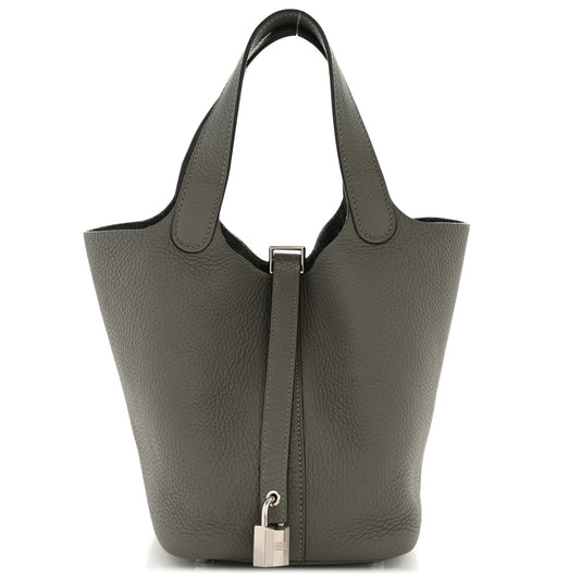 Taurillon Clemence Picotin Lock 18 PM Bucket Bag Etain