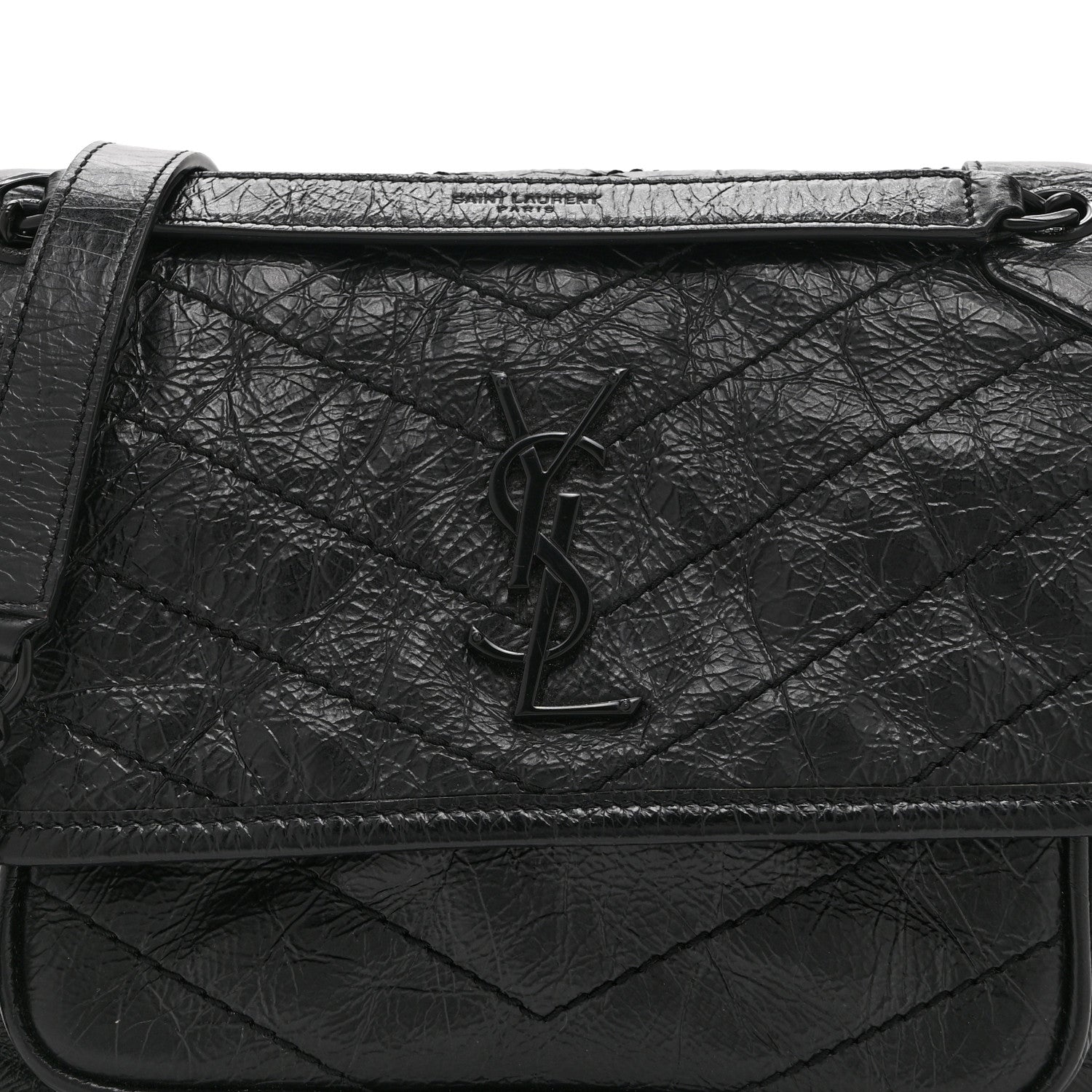 Saint Laurent Crinkled Calfskin Matelasse Monogram Baby Niki Chain Satchel Black