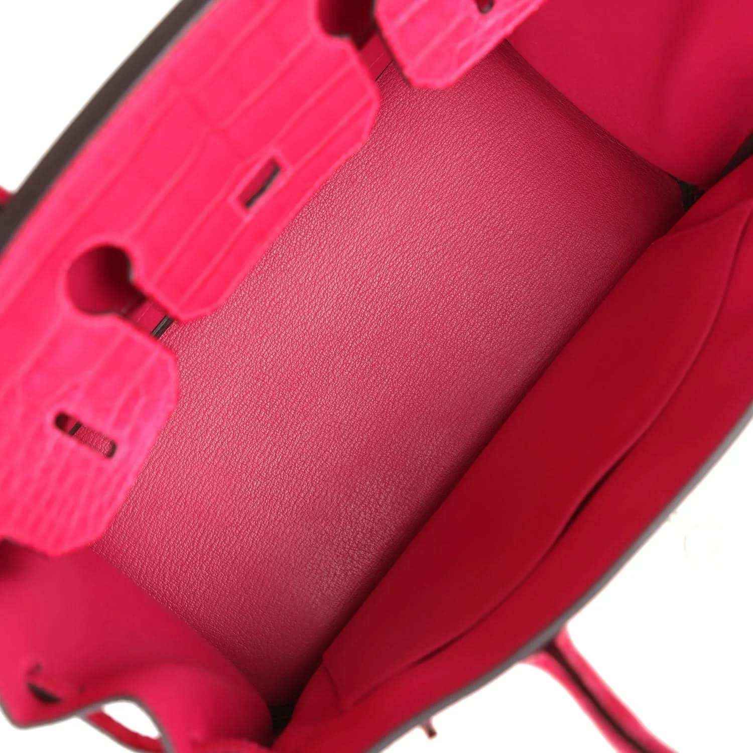 Elegant pink leather tote bag interior with refined, sophisticated finish