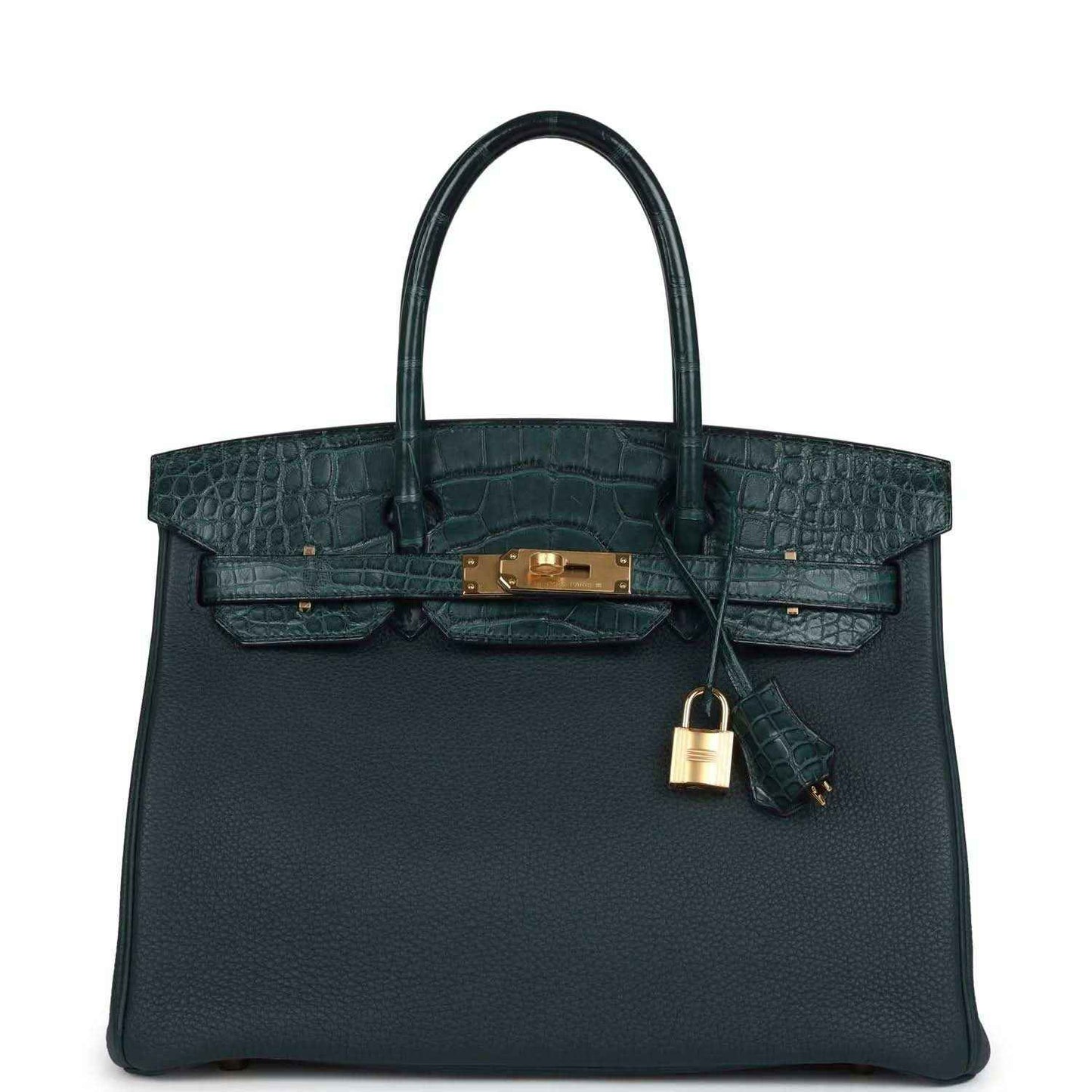 Sophisticated dark green leather handbag with crocodile texture and gold hardware, timeless elegance