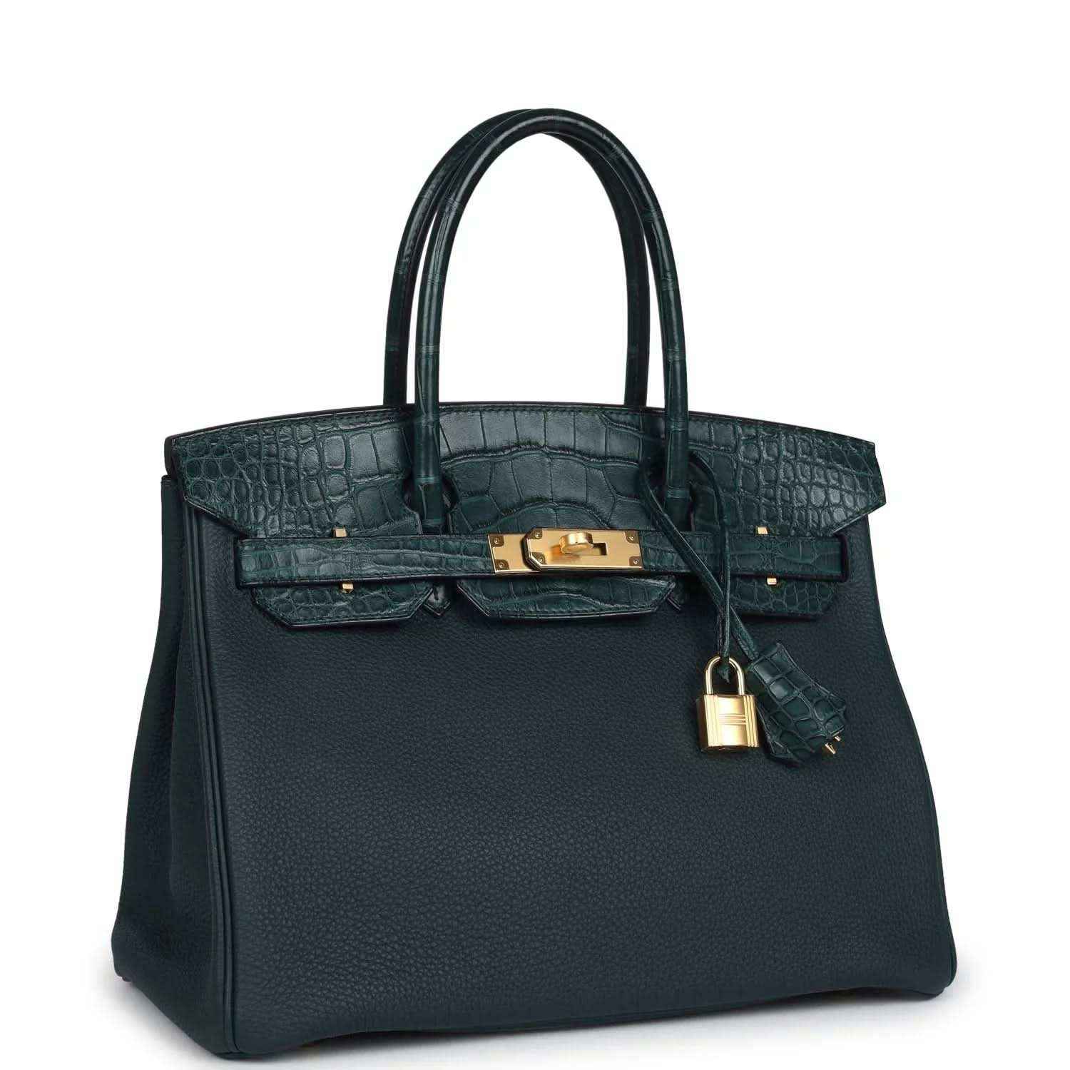 Timeless dark green leather handbag with crocodile texture and gold hardware, elegant and sophisticated.