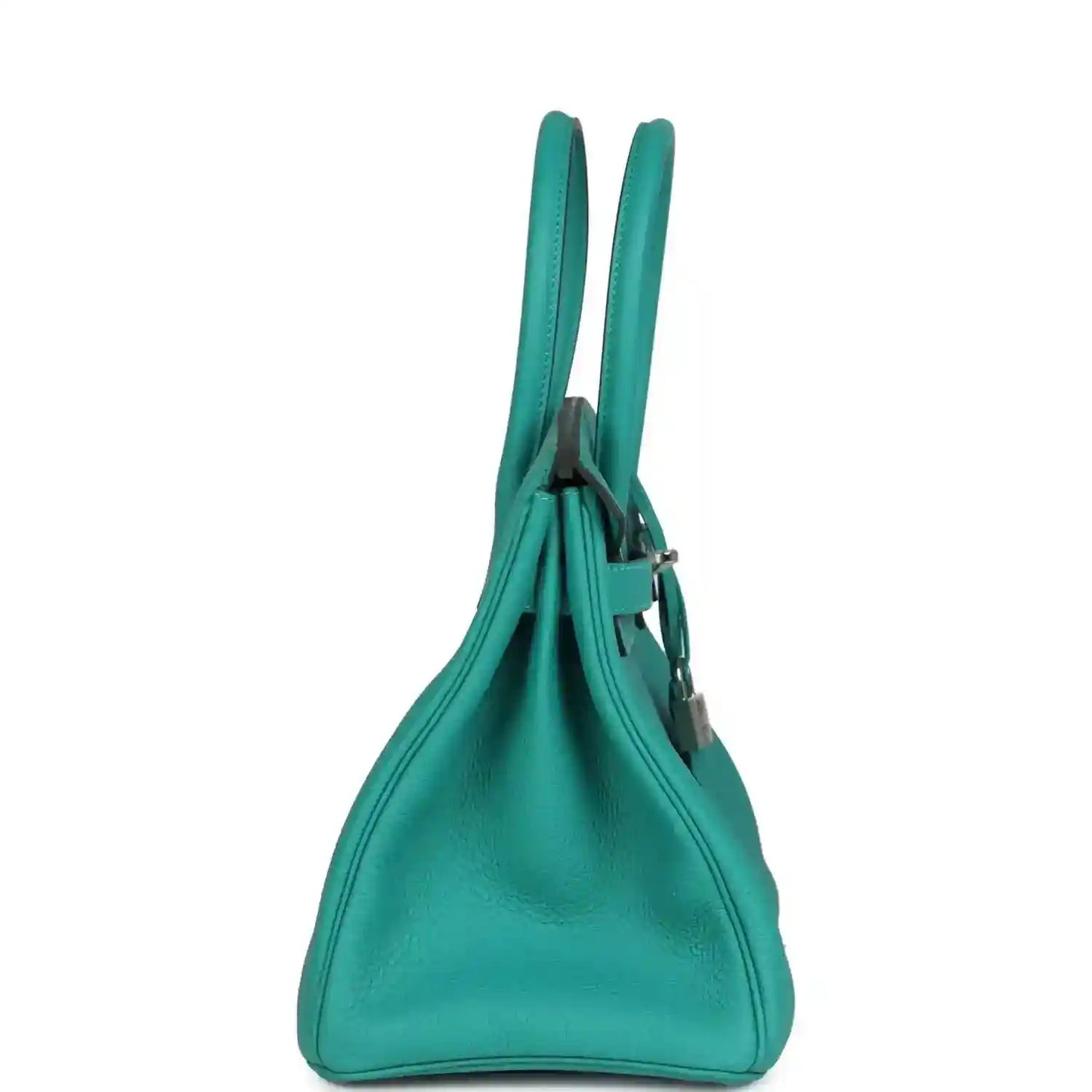 Elegant turquoise leather handbag with refined grain and structured silhouette, side view