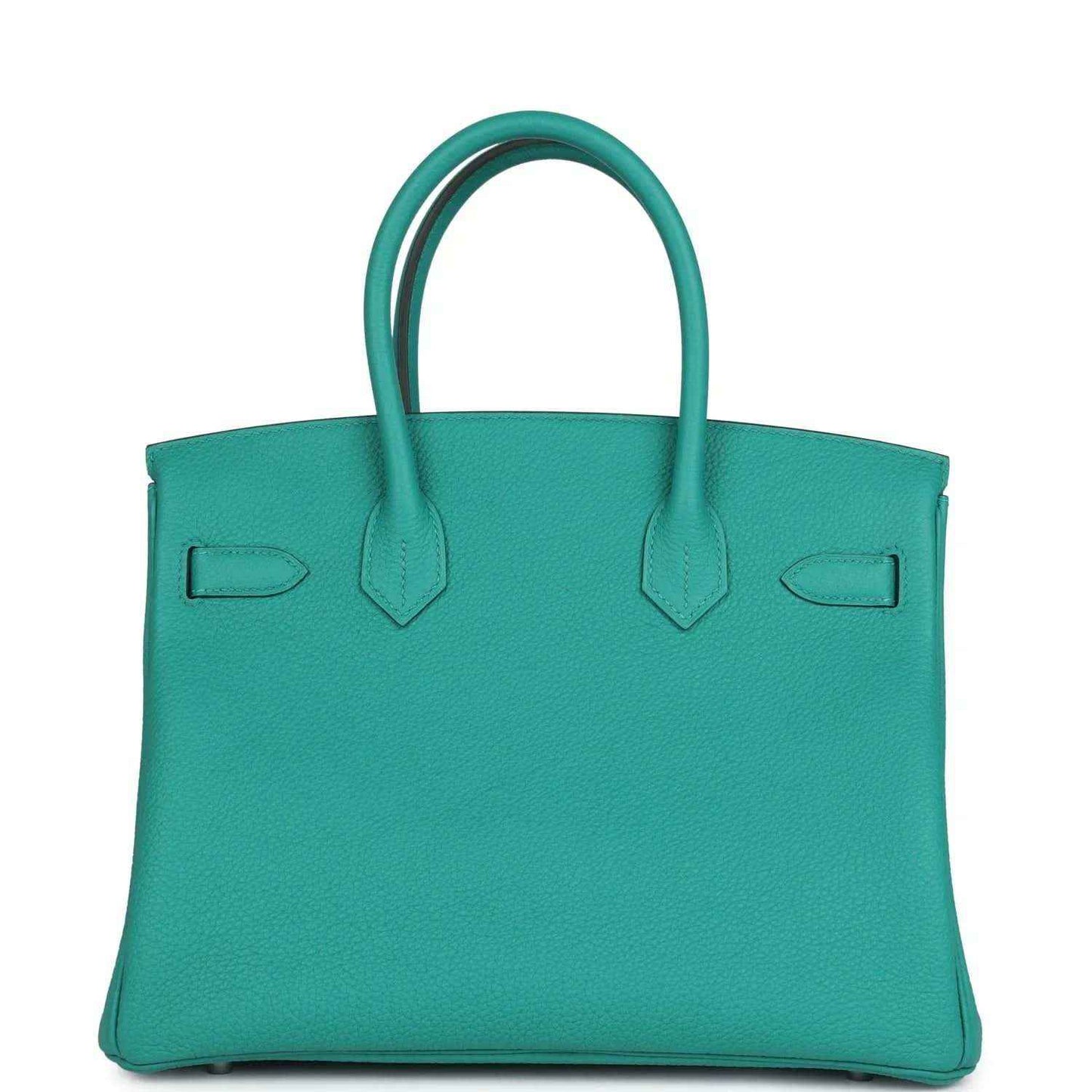 Elegant turquoise leather handbag with double handles and timeless, sophisticated style