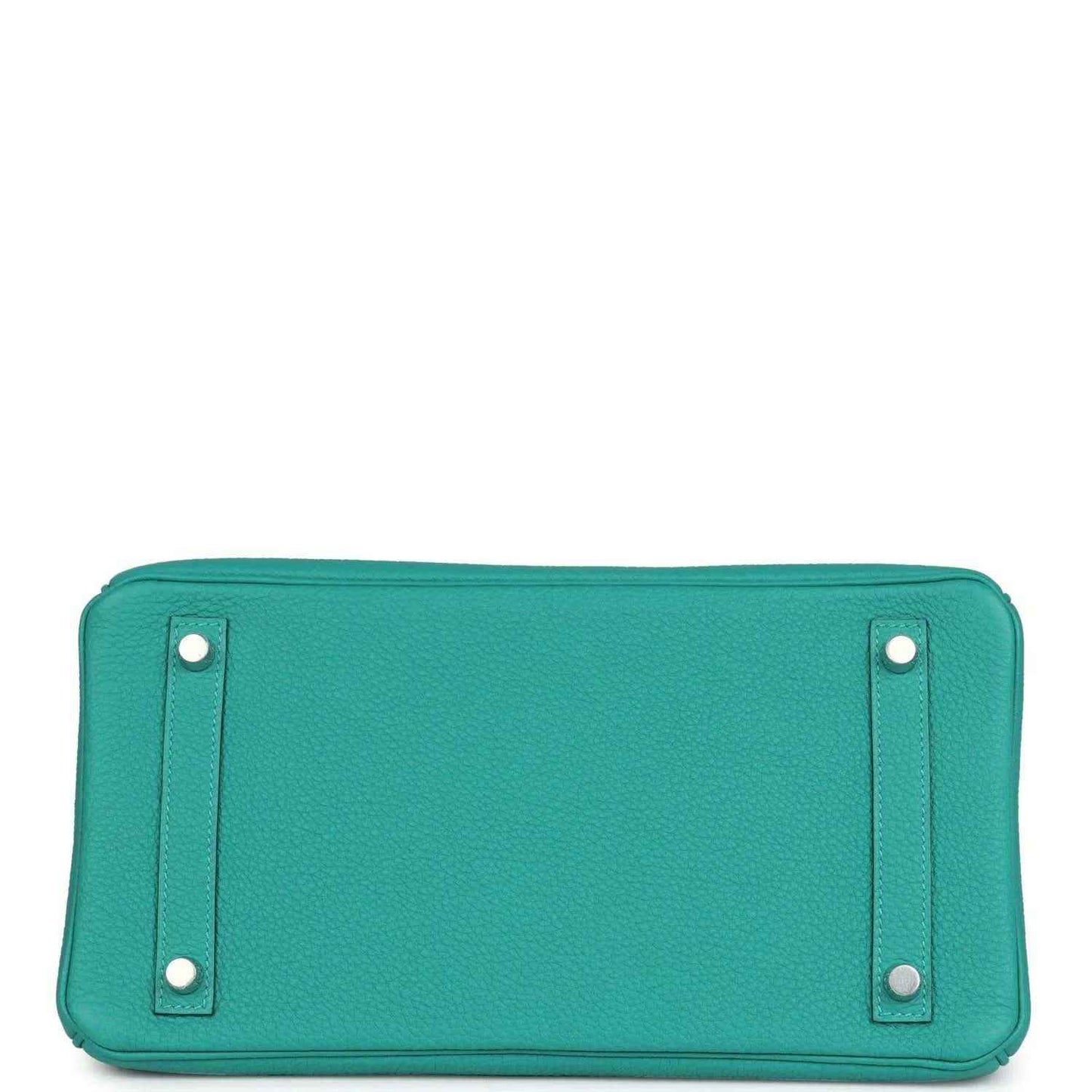 Timeless, elegant turquoise leather handbag base with refined silver-tone hardware.