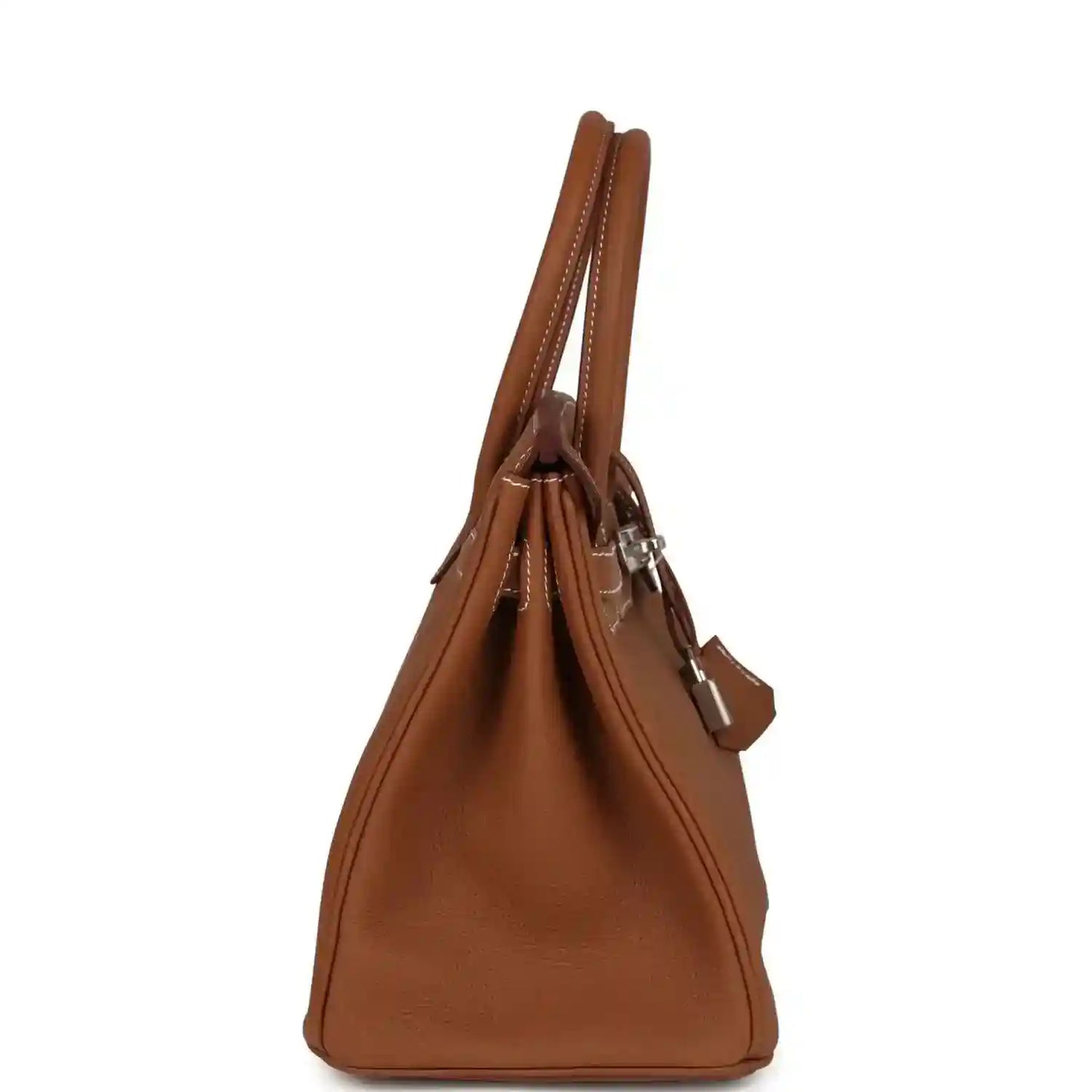 Elegant tan leather handbag with silver hardware and refined stitching, side view
