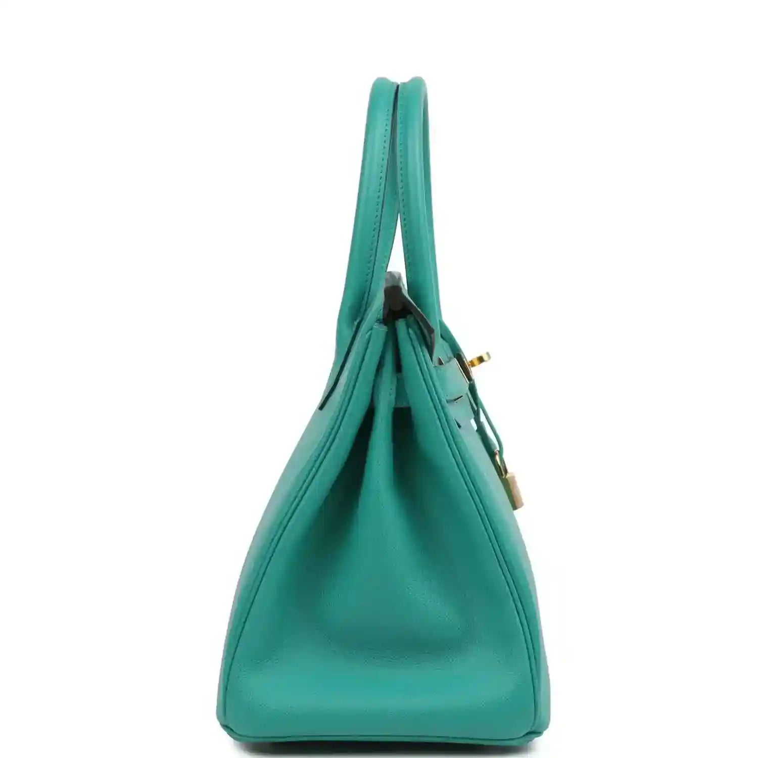 Elegant turquoise leather handbag with gold accents, showcasing a timeless and sophisticated style.