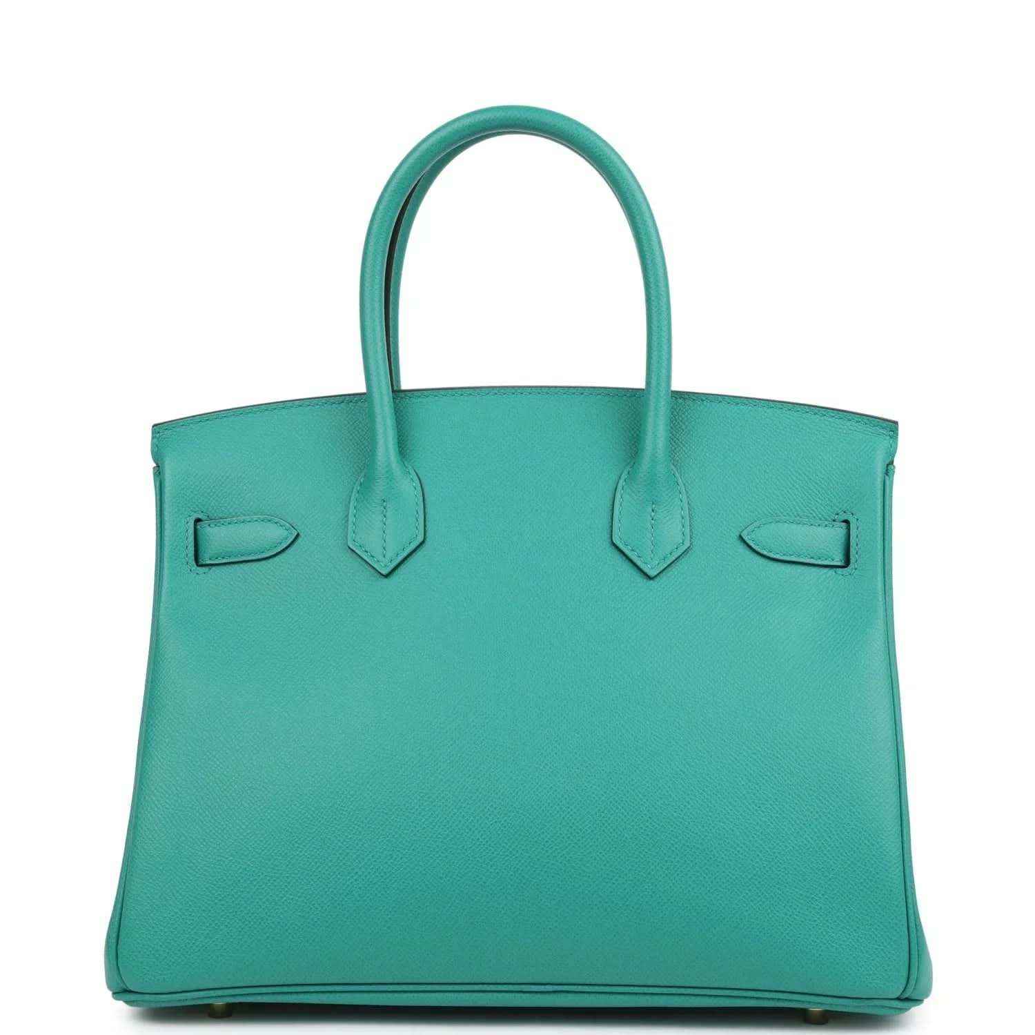 Timeless turquoise leather handbag with elegant, structured silhouette and refined finish.