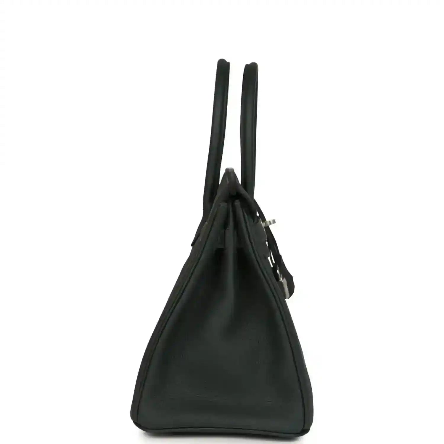 Elegant black leather handbag with a timeless, sophisticated side profile