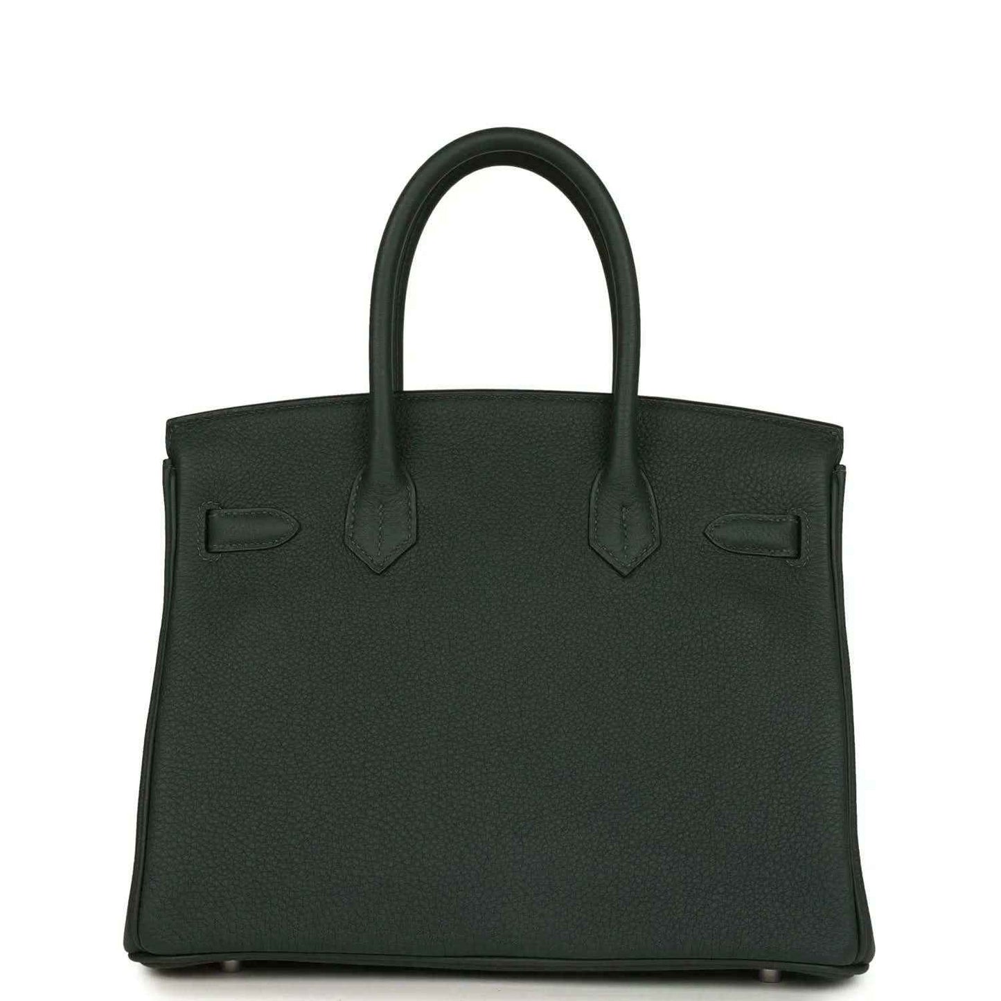 Timeless dark green leather handbag with structured silhouette and elegant top handles.