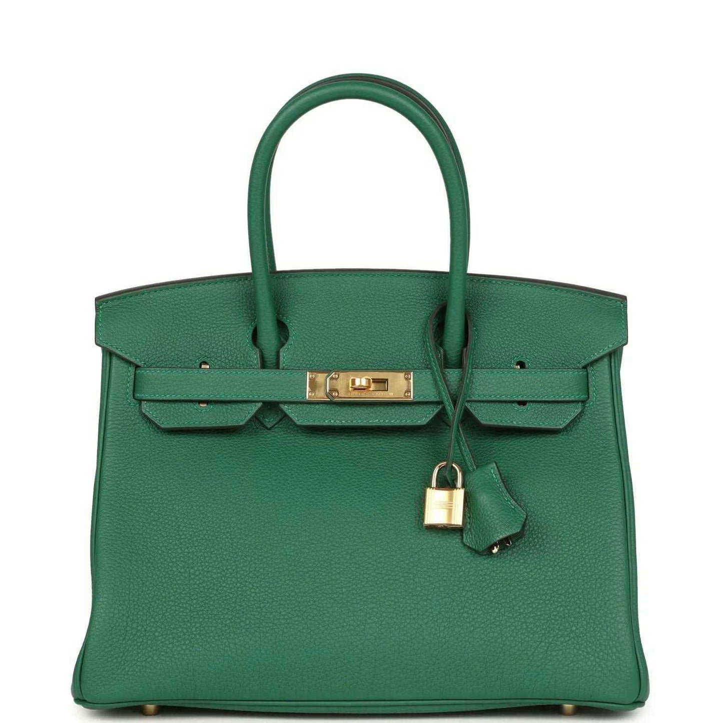 Timeless green leather handbag with elegant gold hardware and classic structured design.