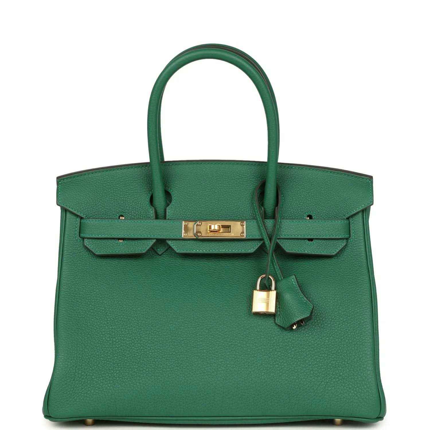 Timeless green leather handbag with elegant gold hardware and classic structured design.