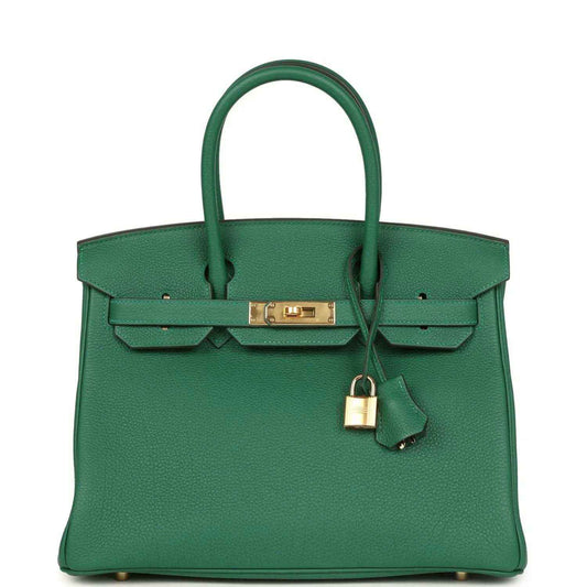 Timeless green leather handbag with elegant gold hardware and classic structured design.