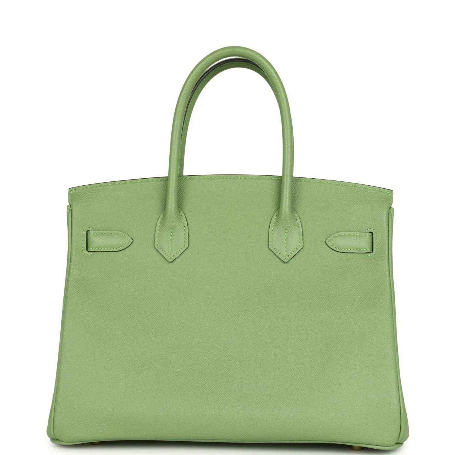 Timeless sage green leather handbag with elegant structured silhouette and top handles