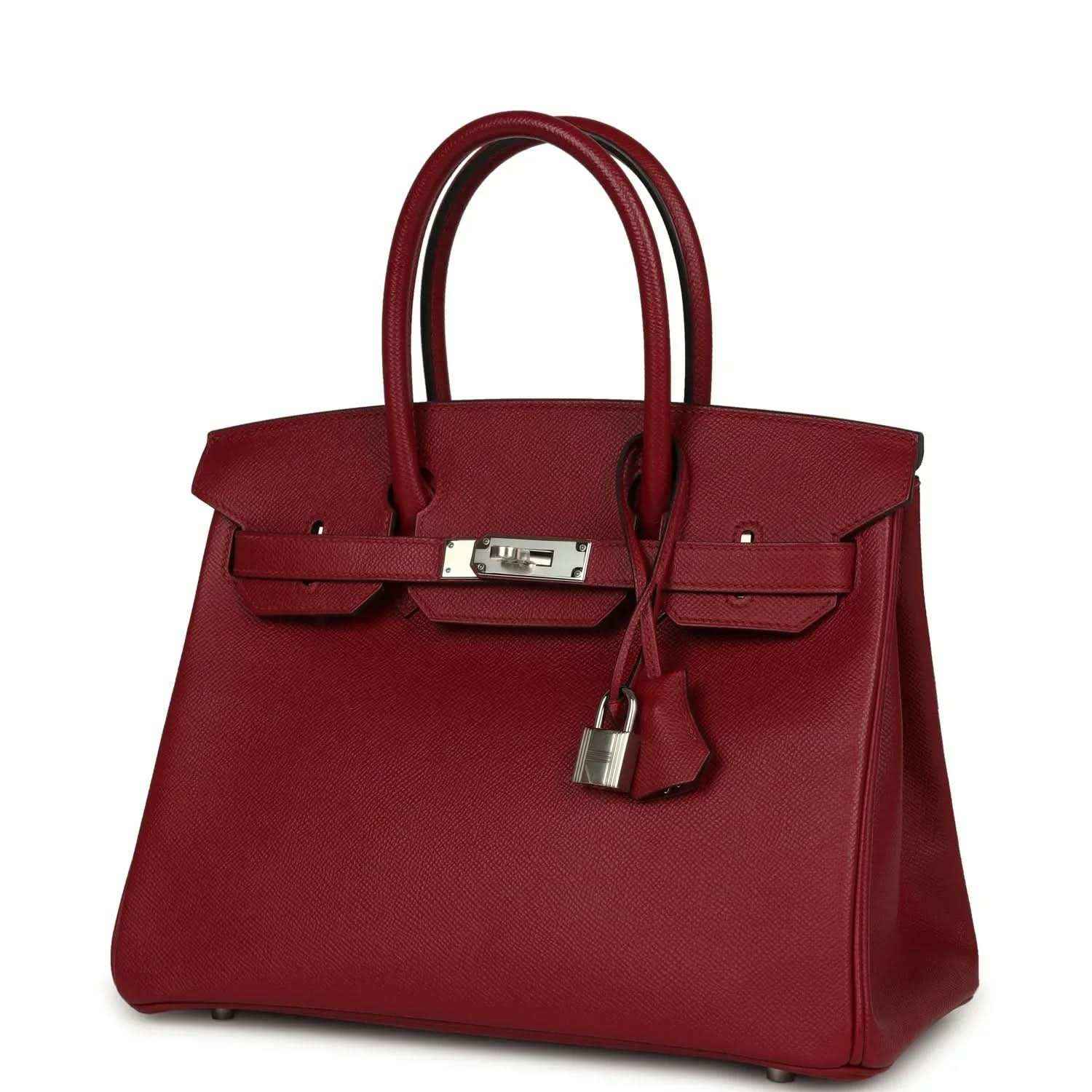 Elegant burgundy leather handbag with silver hardware, timeless and sophisticated style.