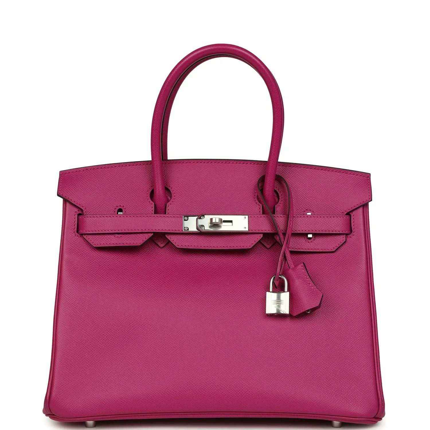 Elegant magenta leather handbag with silver hardware and timeless, sophisticated design.