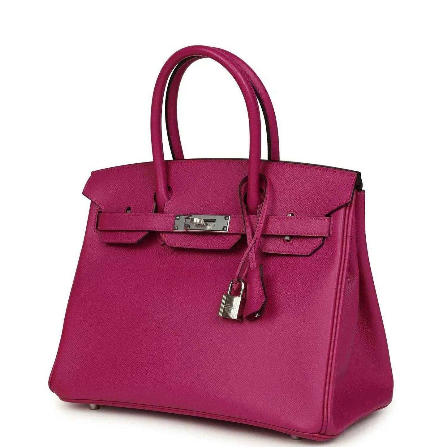 Elegant magenta leather handbag with silver hardware, timeless and sophisticated design.