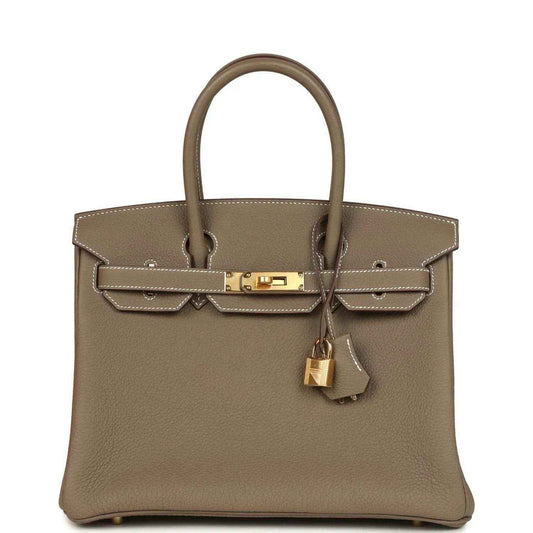 Timeless taupe leather handbag with gold hardware and elegant top handles.