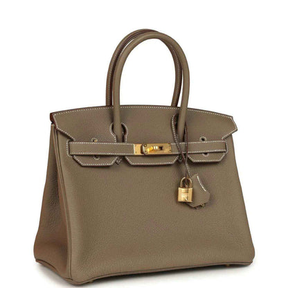 Timeless taupe leather handbag with gold hardware and elegant structured design