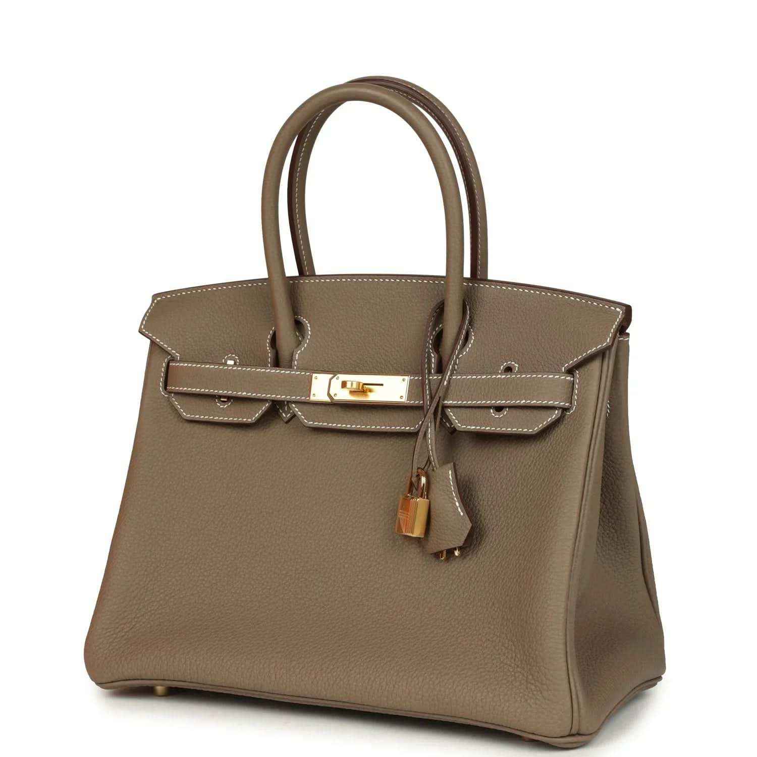 Timeless taupe leather handbag with elegant gold hardware and sophisticated structured shape