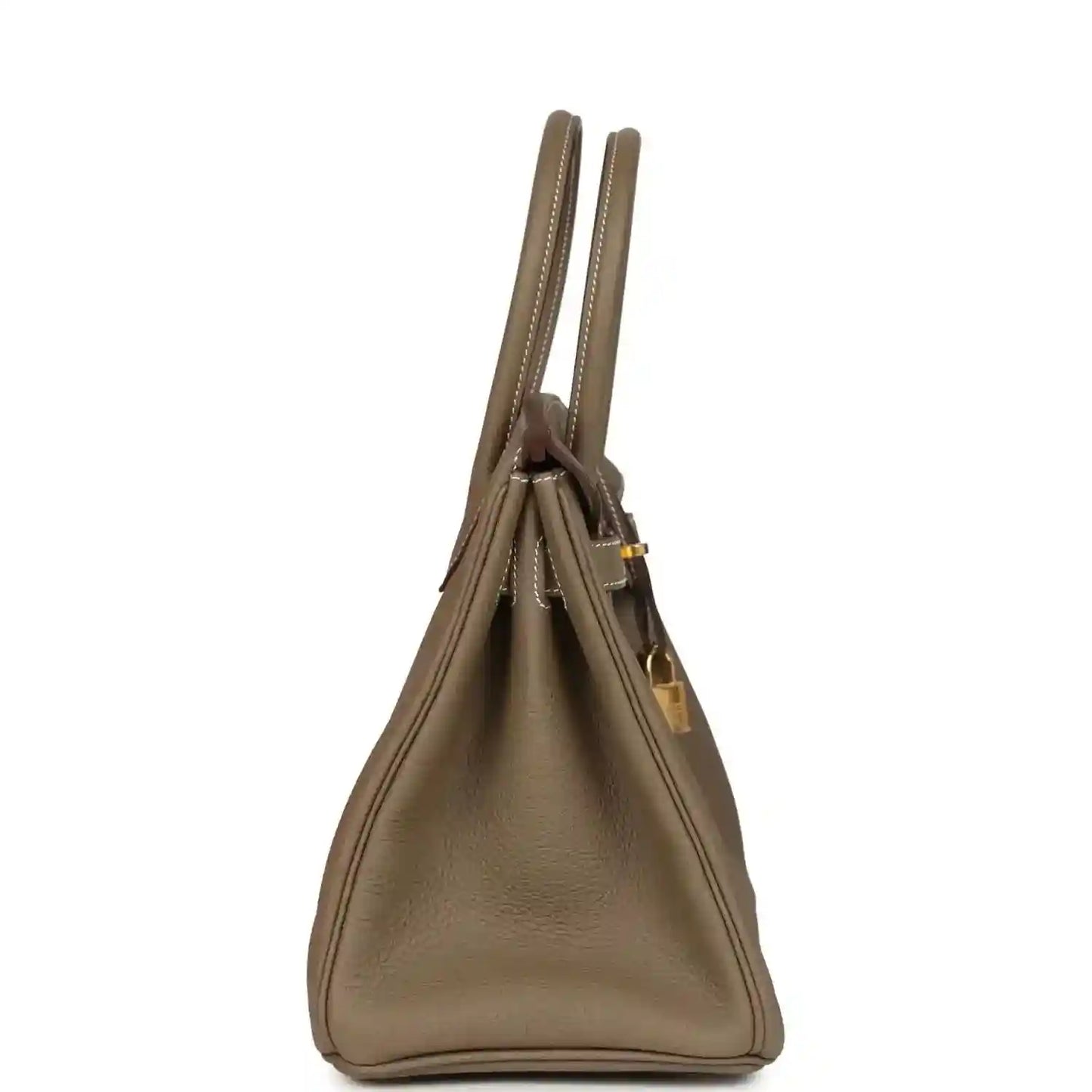 Timeless taupe leather handbag with elegant stitching and gold-tone hardware, side view