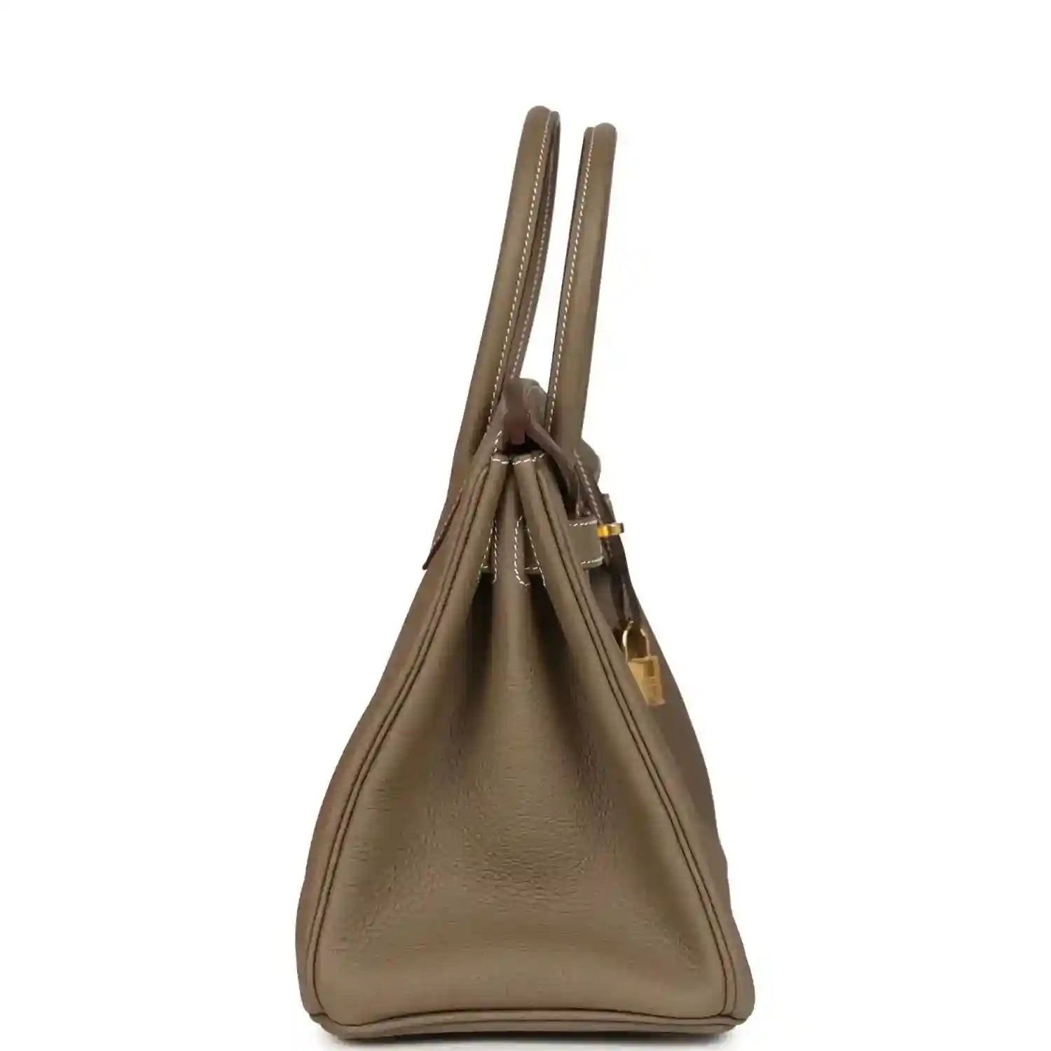 Timeless taupe leather handbag with elegant stitching and gold-tone hardware, side view