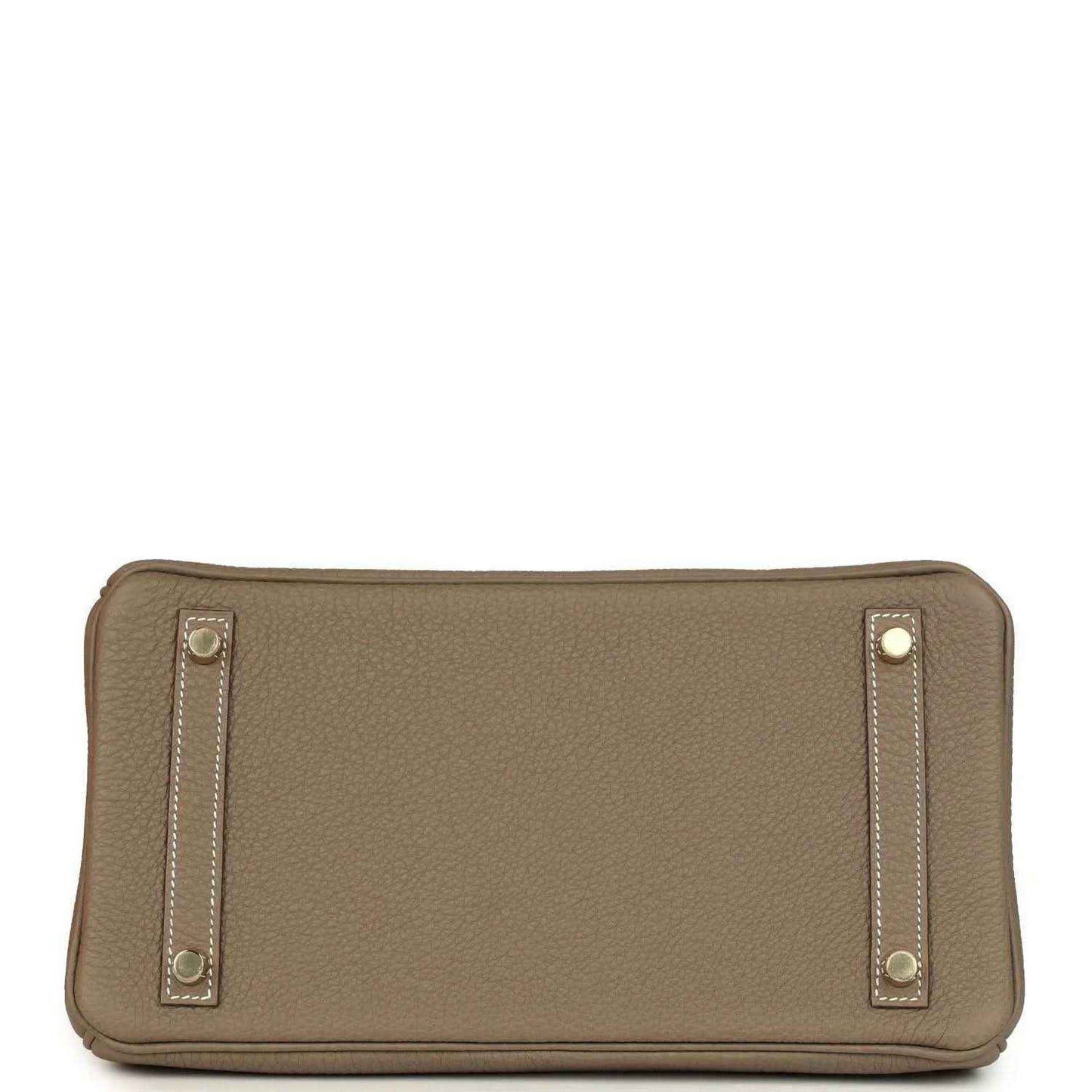 Timeless taupe leather handbag base with elegant gold-tone feet and refined stitching details.