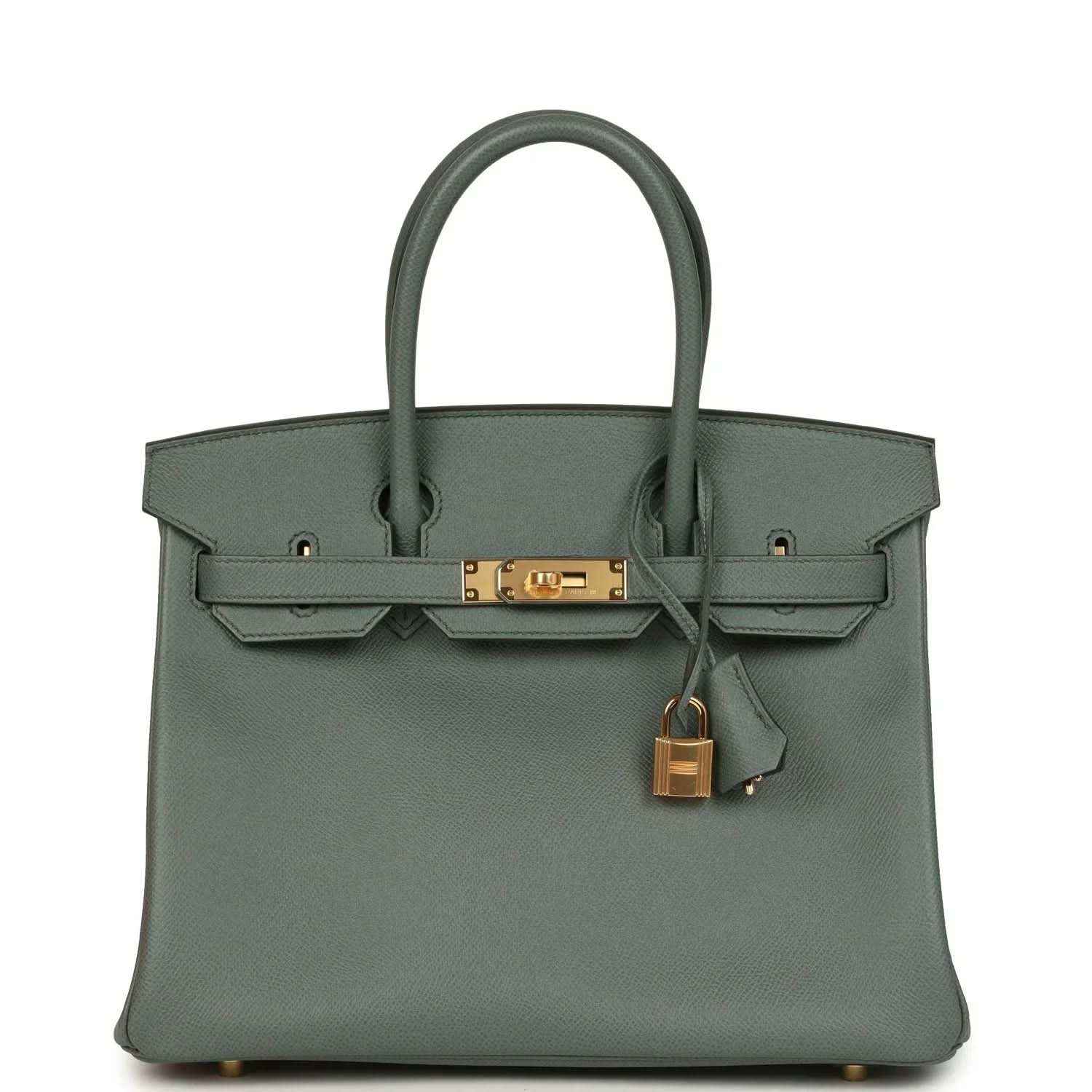 Elegant sage green leather handbag with gold hardware and timeless, sophisticated design.