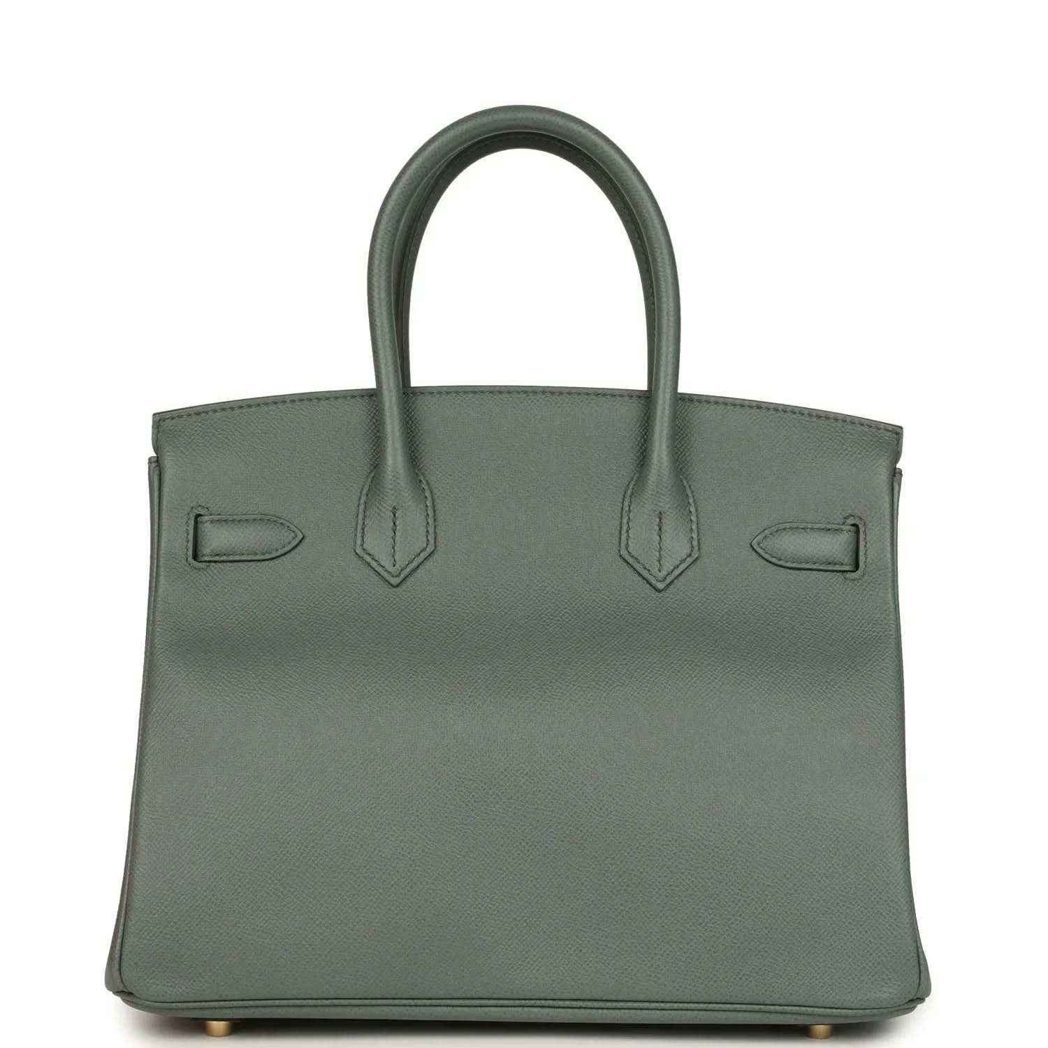 Timeless elegant sage green leather handbag with structured silhouette and double handles
